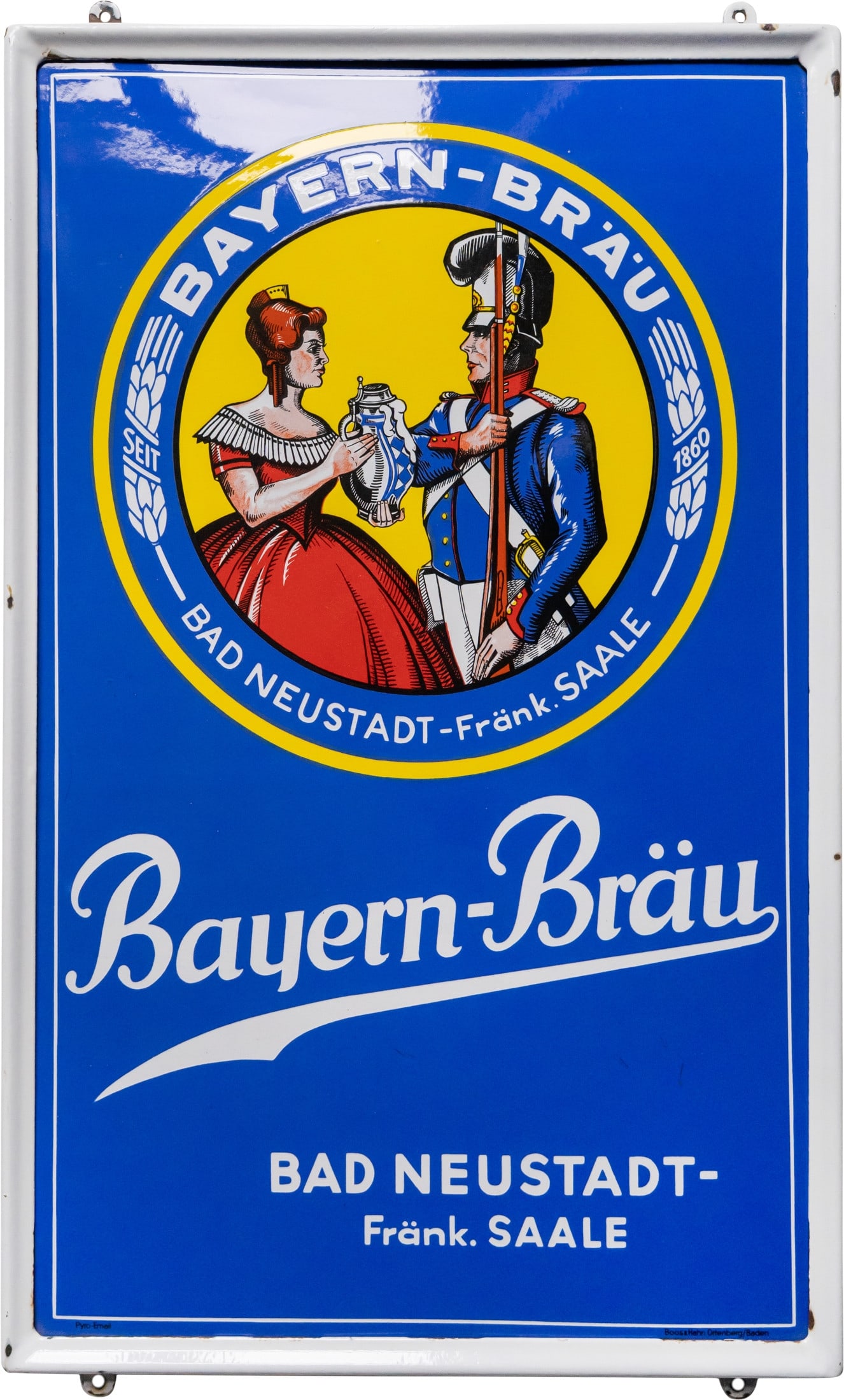 Bayern-Bräu enamel sign, in mint condition! Bad Neustadt/Saale, c. 1950 (1+): Bayern-Bräu enamel sign, in mint condition! Bad Neustadt/Saale, c. 1950 (1+)Bayern-Bräu enamel sign, flat, in its original enamelled frame. Enamelling applied using stencils and lithography. High gl