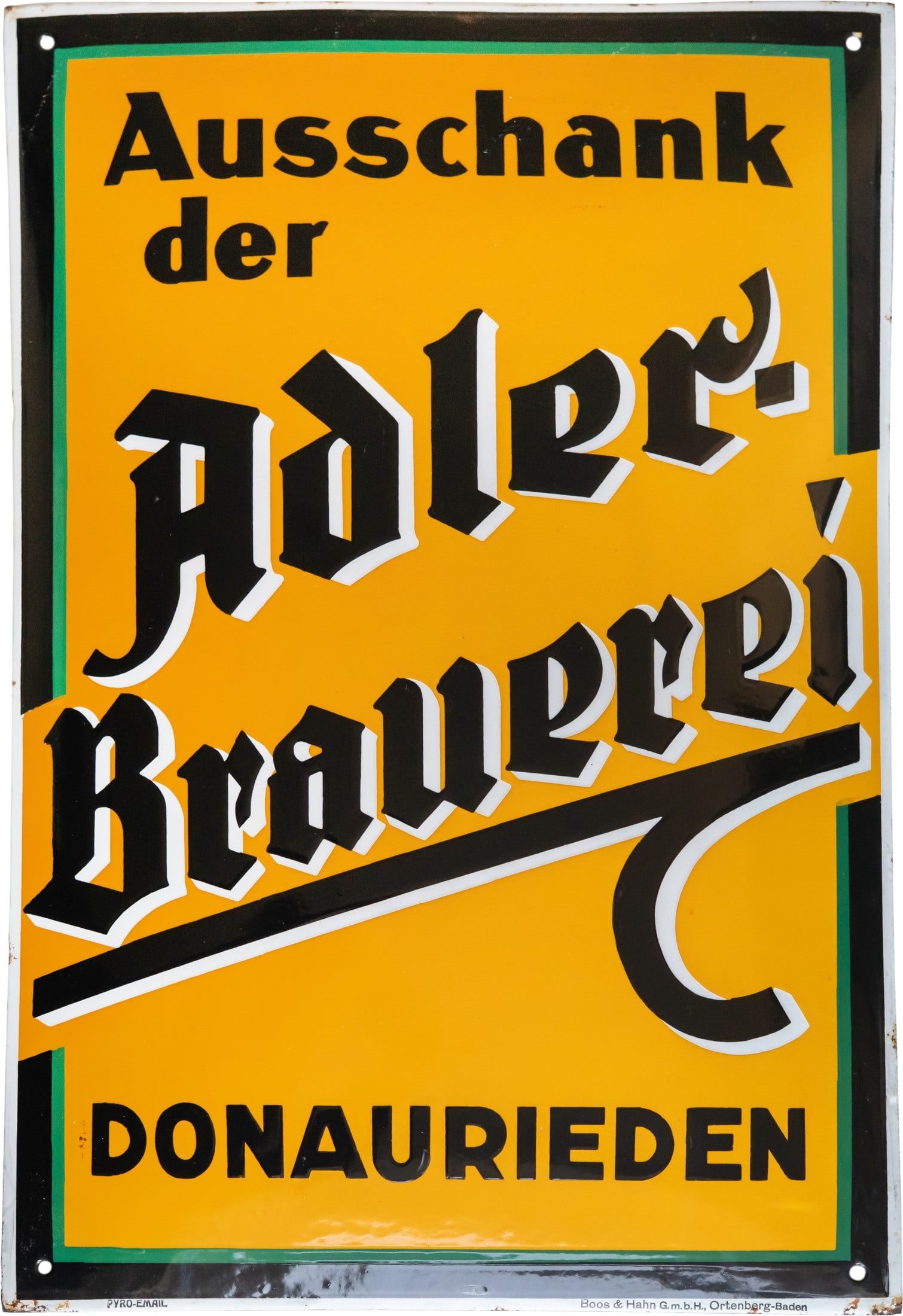 Enamel sign Adler Brewery, Donaurieden, Germany, circa 1930 (1+): Enamel sign Adler Brewery, Donaurieden, Germany, circa 1930 (1+)Enamel sign Adler Brewery, curved, stenciled enamel. Freshly fired high gloss and rich colours, surface almost scratch-free. Marked: Pyr