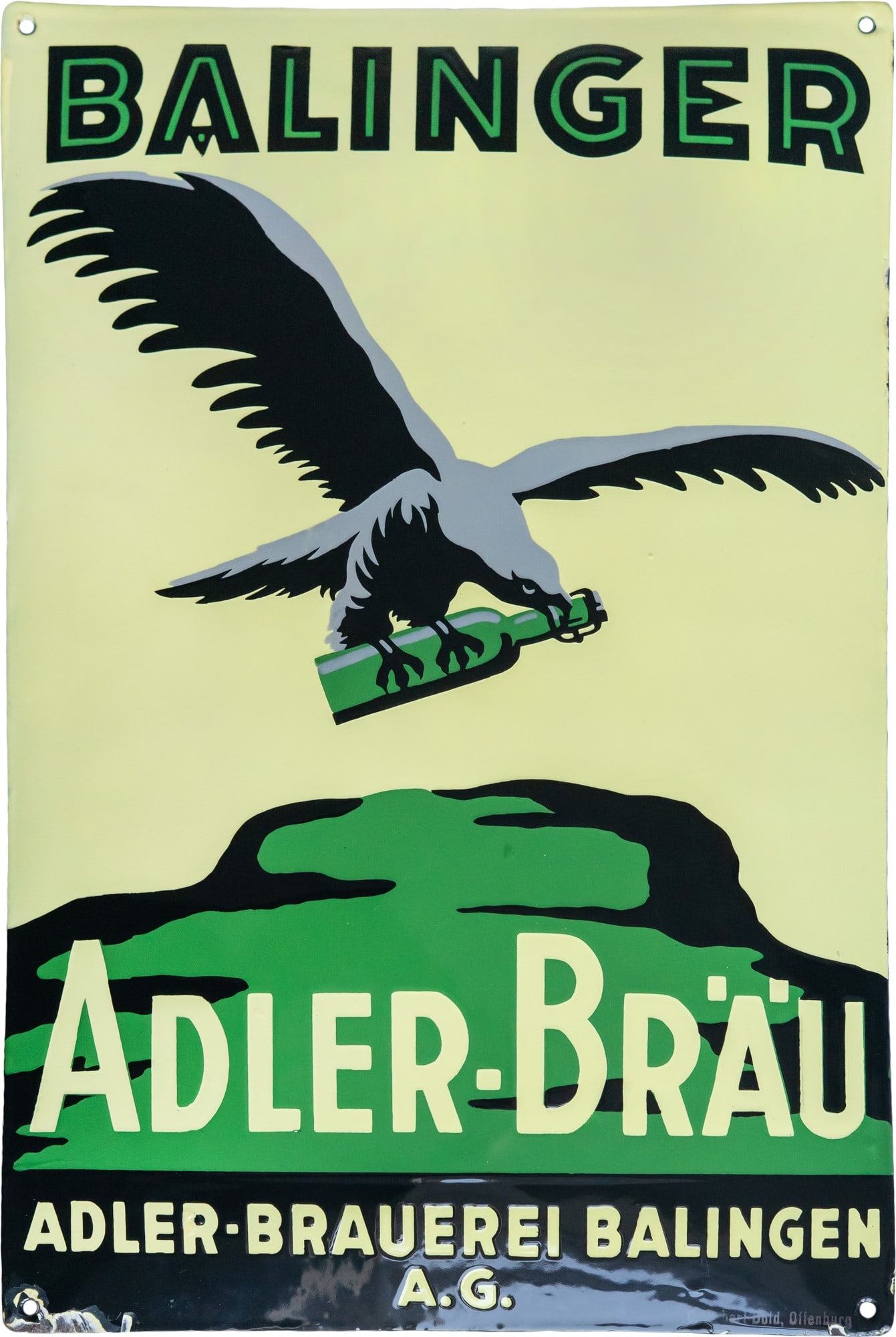 Enamel sign for Balingen Adler-Bräu, brilliant shine! Balingen circa 1920 (1): Enamel sign for Balingen Adler-Bräu, brilliant shine! Balingen circa 1920 (1)Enamel sign for Adler Brewery Balingen A.G., convex, raised stenciled enamel. Incredibly fresh, absolutely scratch-free su