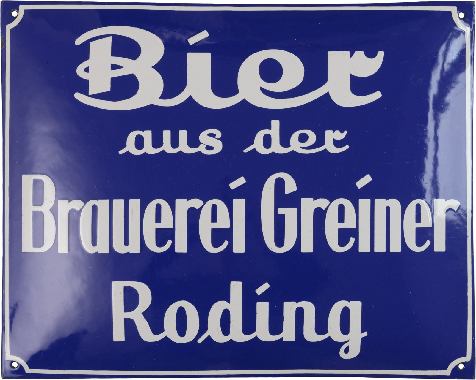 Enamel sign for the Greiner Brewery, Roding, circa 1920 (1): Enamel sign for the Greiner Brewery, Roding, circa 1920 (1)Greiner Brewery enamel sign, heavily domed, stenciled enamel work. Excellent lustre and colour, isolated, virtually invisible minor scratches