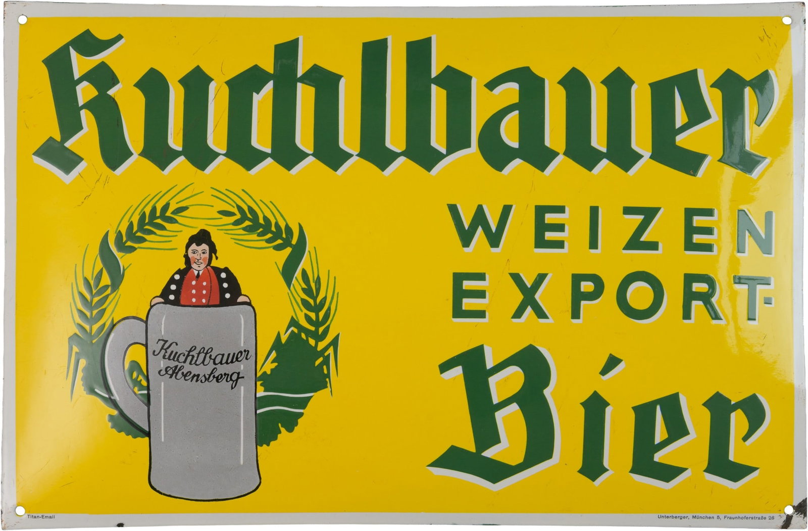 Enamel sign for Kuchlbauer Wheat and Export Beer, Abensberg, c. 1930 (1-): Enamel sign for Kuchlbauer Wheat and Export Beer, Abensberg, c. 1930 (1-)Enamel sign for the Kuchlbauer Brewery, domed, with stenciled and overprinted enamel. High gloss, perfect colours, a few slight