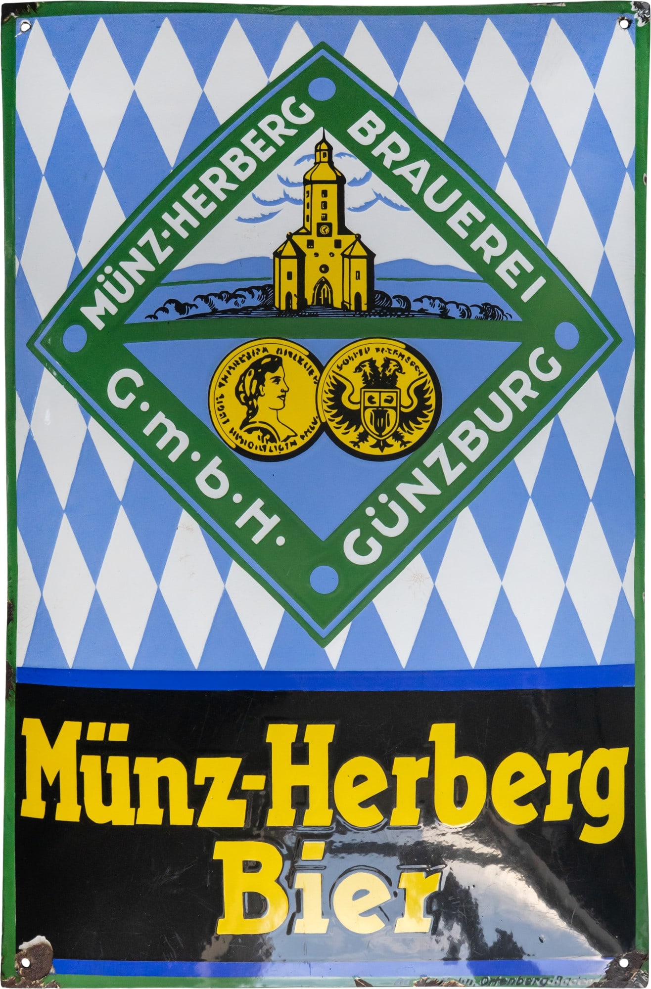 Enamel sign for Münz-Herberg-Bier, Günzburg, circa 1920 (2+): Enamel sign for Münz-Herberg-Bier, Günzburg, circa 1920 (2+)Enamel sign for the Münz Herberg Brewery, heavily convex, with raised, stenciled, and printed enamel. Very good gloss and color, with fin