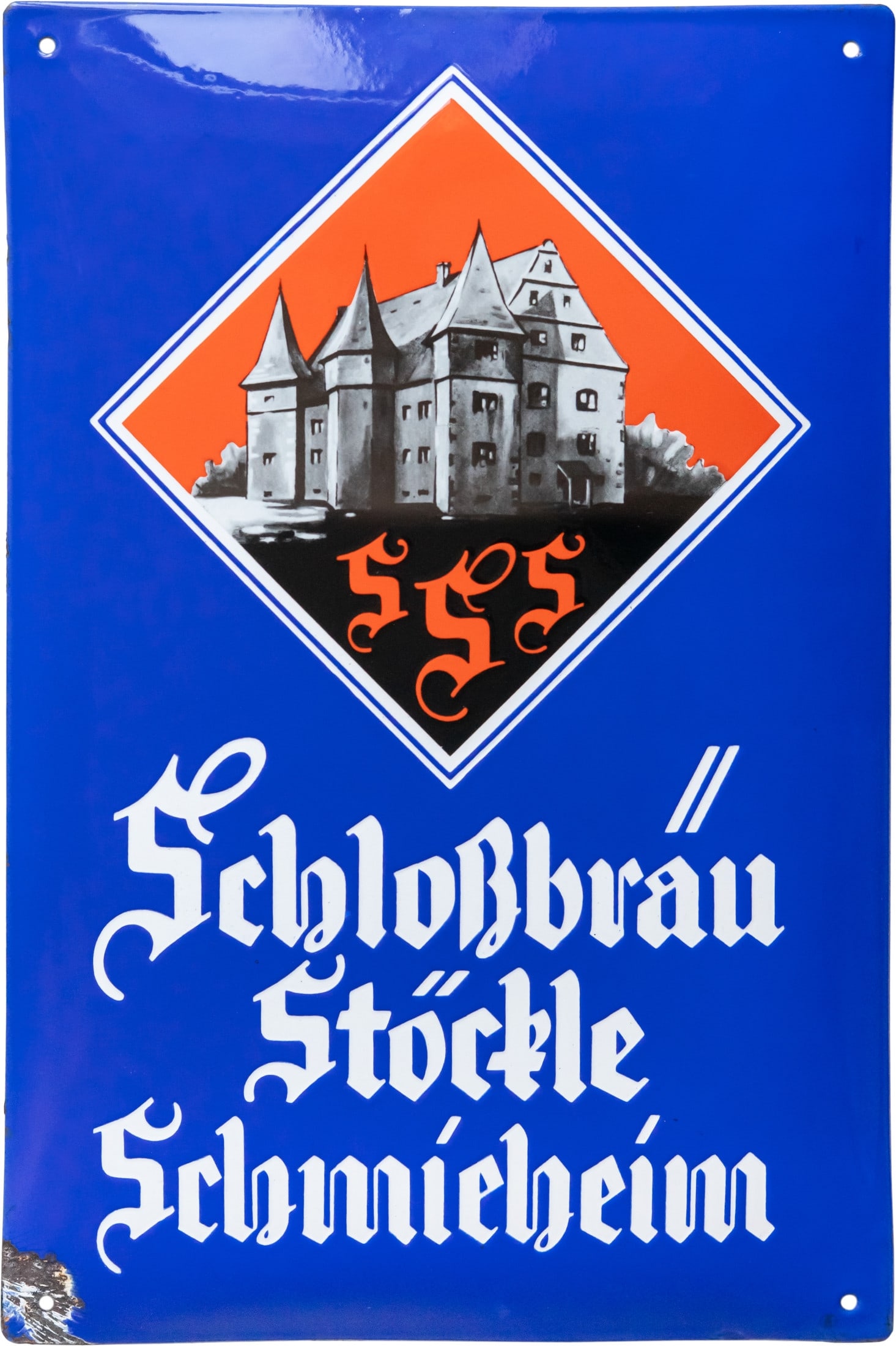 Enamel sign Schloßbräu Stöckle, Schmieheim, circa 1930 (1-): Enamel sign Schloßbräu Stöckle, Schmieheim, circa 1930 (1-)Enamel sign Schloßbräu Stöckle, curved, stenciled and lithographed enamel. High glossy surface, perfect colours, few superficial micro-