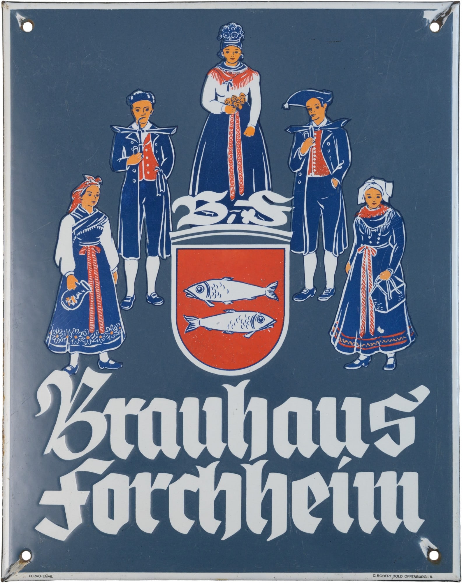 Enamel sign, Brauhaus Forchheim, Forchheim, c. 1930 (2): Enamel sign, Brauhaus Forchheim, Forchheim, c. 1930 (2)Enamel sign, Brauhaus Forchheim, flat, bevelled, with stenciled and overprinted enamel. Good gloss and colours, fine superficial scratches. Backi