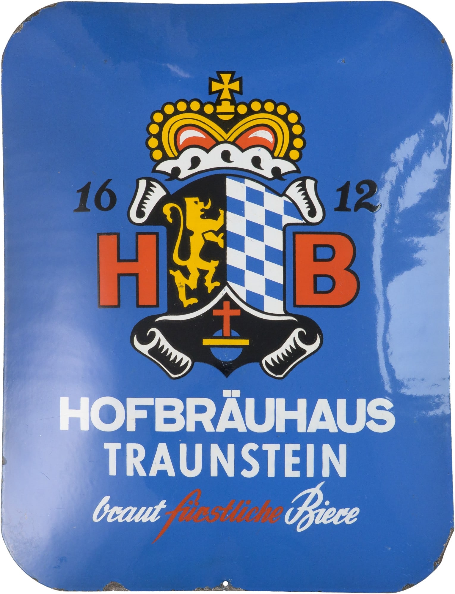 Enamel sign: ‘Hofbräuhaus brews princely beers’, Traunstein, c. 1950 (1-) (1 of 7)