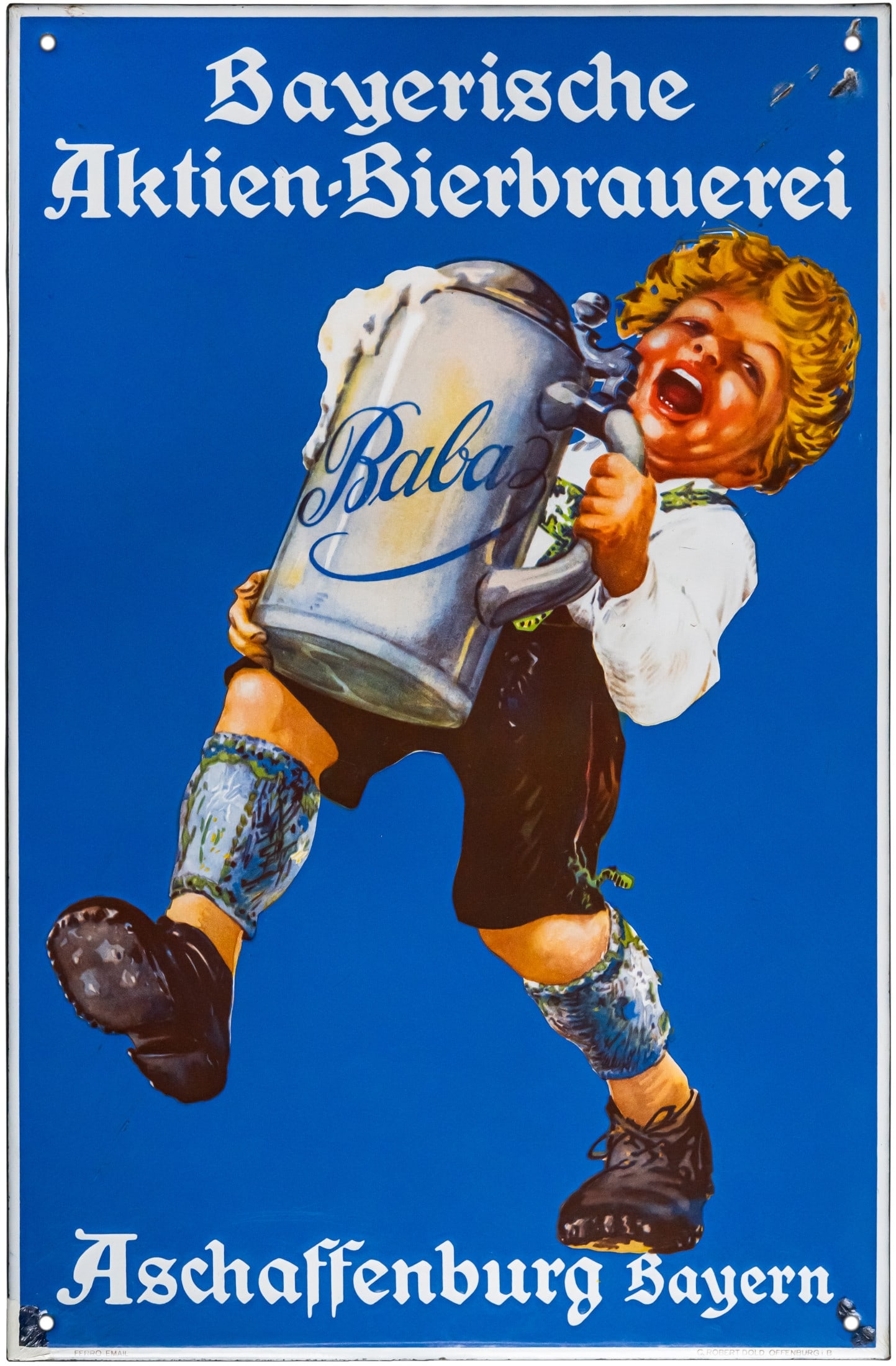 Enamel sign Bavarian Stock Brewery Aschaffenburg, around 1930 (2): Enamel sign Bavarian Stock Brewery Aschaffenburg, around 1930 (2)Enamel sign Baba Brewery Aschaffenburg, flat edged, stenciled and lithographed enamel. This is one of the rarest signs from the BABA Br