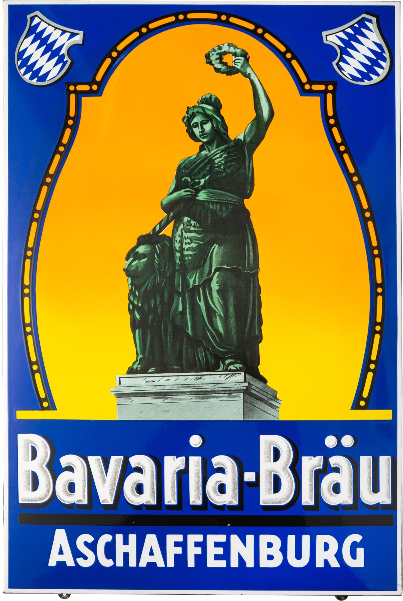 Bavaria Brewery Enamel Sign - in mint condition! Aschaffenburg, circa 1930: Bavaria Brewery Enamel Sign - in mint condition! Aschaffenburg, circa 1930Flat enamel sign with beveled edges, stenciled and lithographed enamel. High gloss and vibrant colors, virtually scratch-free 