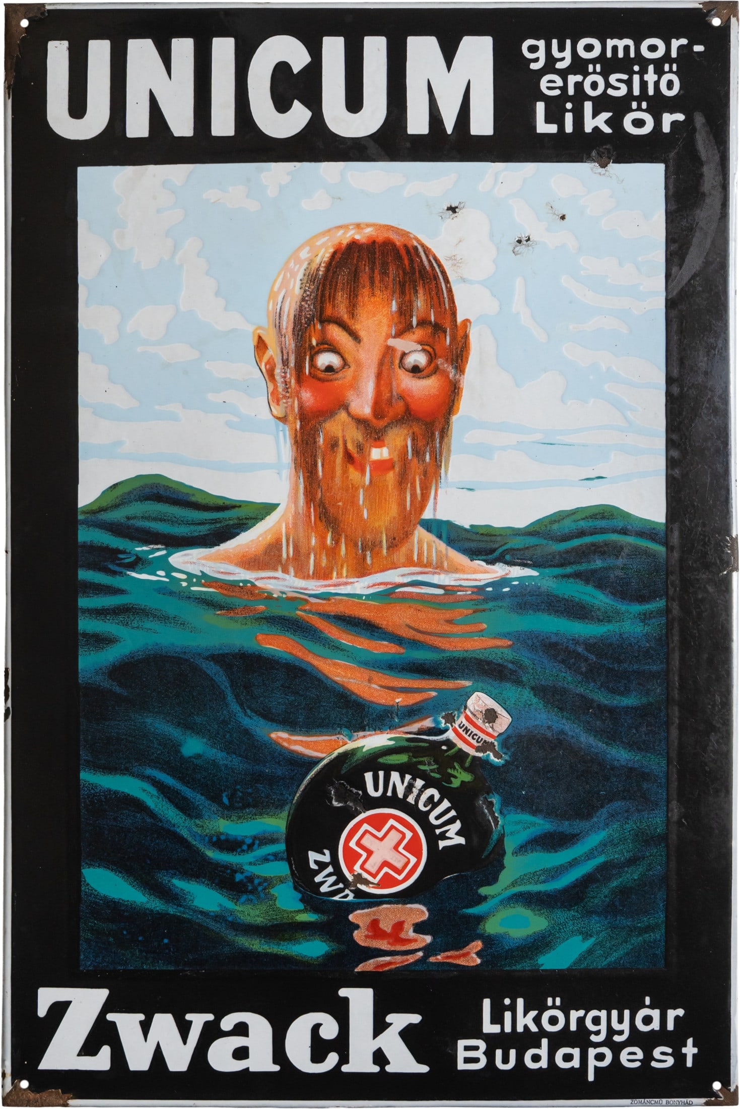 Enamel sign for Unicum, Zwack, herbal liqueur, Budapest, Hungary, c. 1930 (2-): Enamel sign for Unicum, Zwack, herbal liqueur, Budapest, Hungary, c. 1930 (2-)Enamel sign Unicum, stomach-strengthening liqueur, flat, bevelled, with thick stenciled enamel and fine lithography. A dis