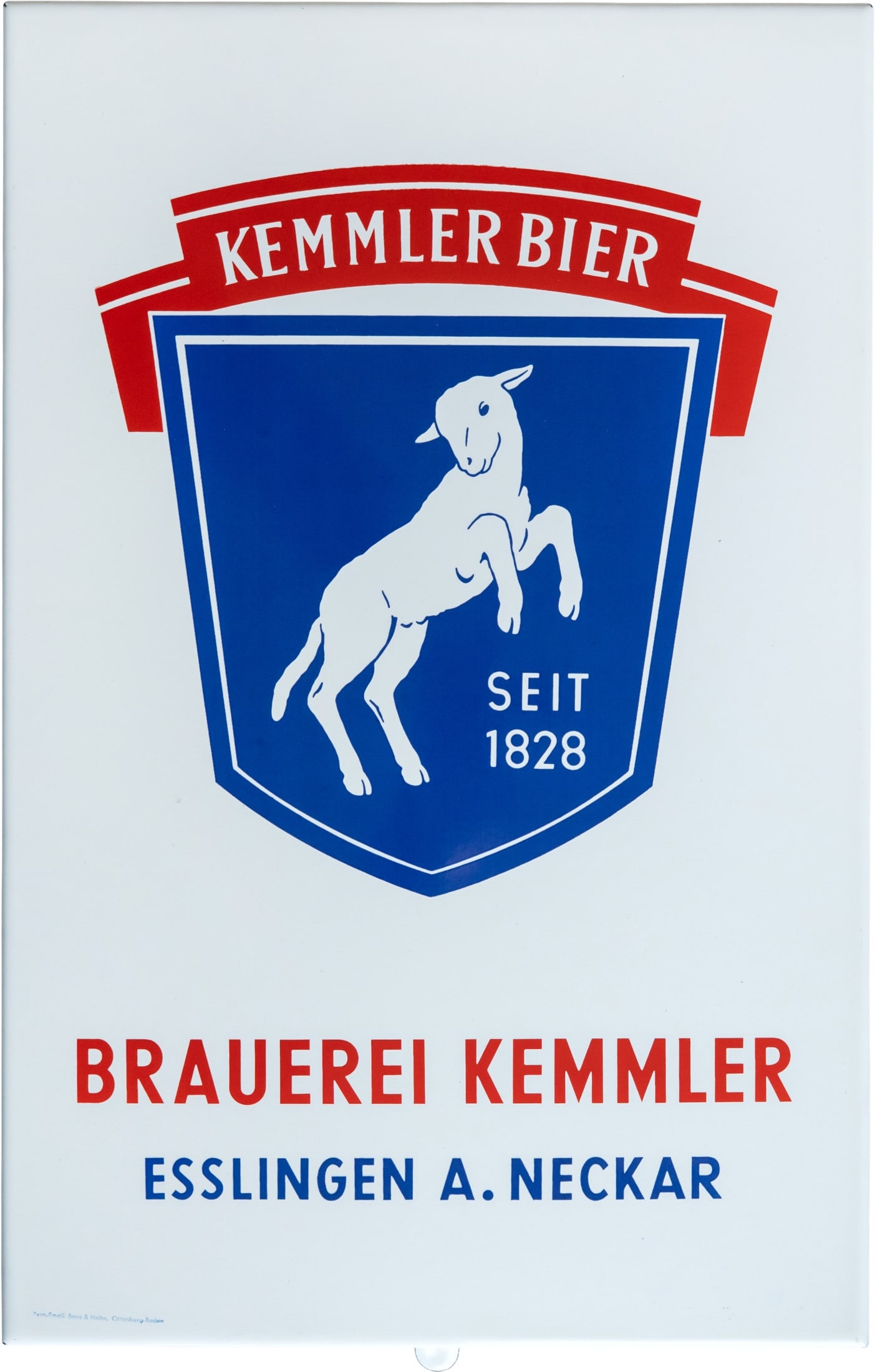 Enamel sign for Kemmler Brewery, Esslingen, circa 1950 (1++): Enamel sign for Kemmler Brewery, Esslingen, circa 1950 (1++)Enamel sign for Kemmler Brewery, flat, bevelled edges, stenciled enamel. Perfect shine and colours, surface absolutely scratch-free. Lower t