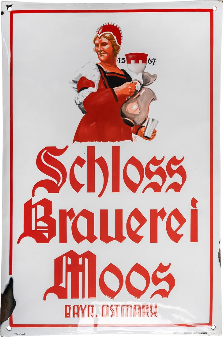 Enamel sign, Moos Castle Brewery, Ludwig Hohlwein, circa 1930 (2): Enamel sign, Moos Castle Brewery, Ludwig Hohlwein, circa 1930 (2)Enamel sign for Moos Castle Brewery, enamel applied using stencils and lithographs. Very good gloss and rich colors, with some superfic