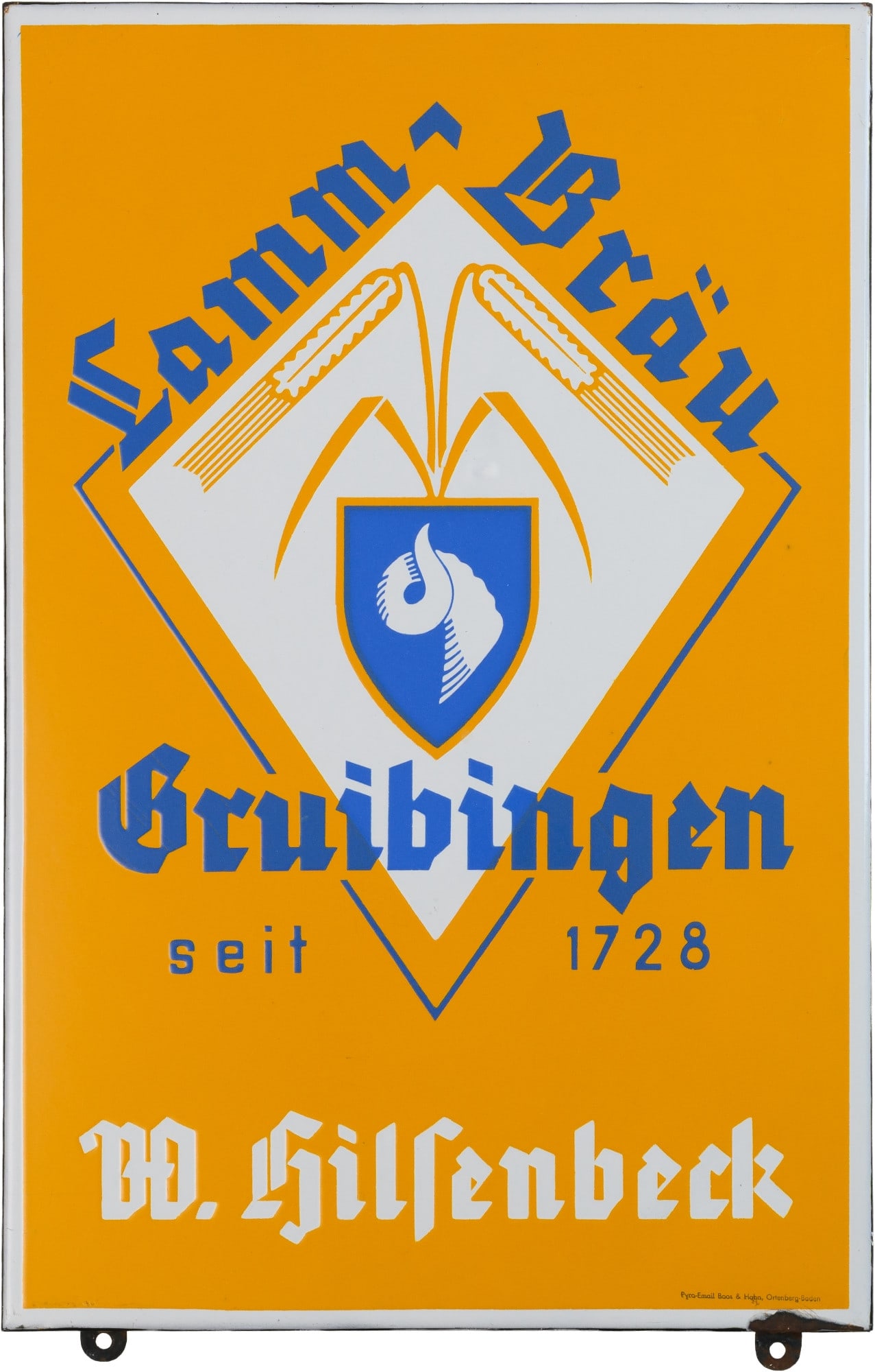 Lamm-Bräu enamel sign, Gruibingen, c. 1950 (1): Lamm-Bräu enamel sign, Gruibingen, c. 1950 (1)A very rare enamel sign from Lamm-Bräu, flat, with bevelled edges, stenciled enamel work. Perfect gloss and colours, surface virtually scratch-free. Mar