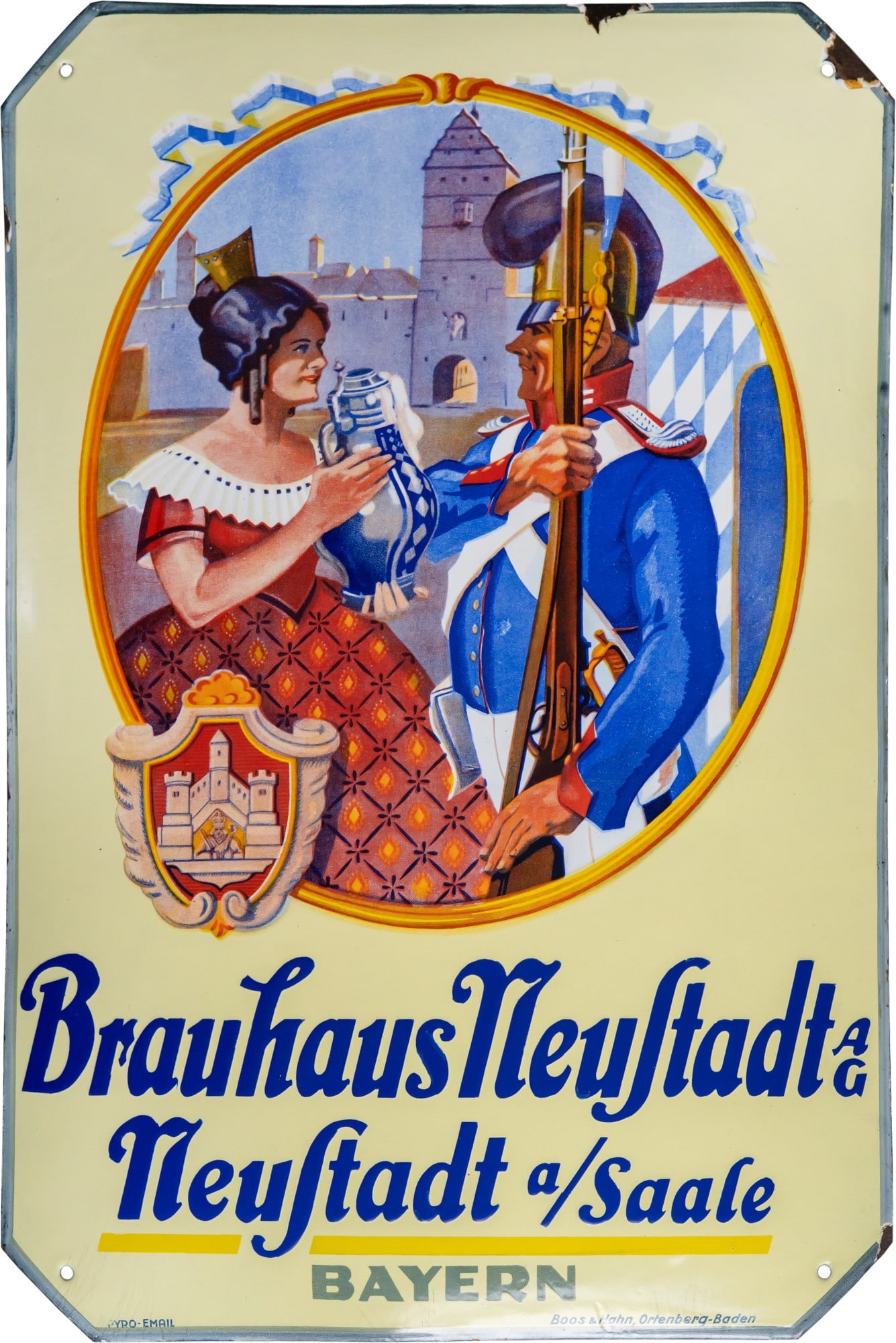Enamel sign for the Neustadt Brewery, Leipzig, circa 1930 (1-): Enamel sign for the Neustadt Brewery, Leipzig, circa 1930 (1-)Enamel sign for the Neustadt/Saale Brewery, convex, enamel applied using stencils and lithographs. High-gloss, virtually scratch-free surf
