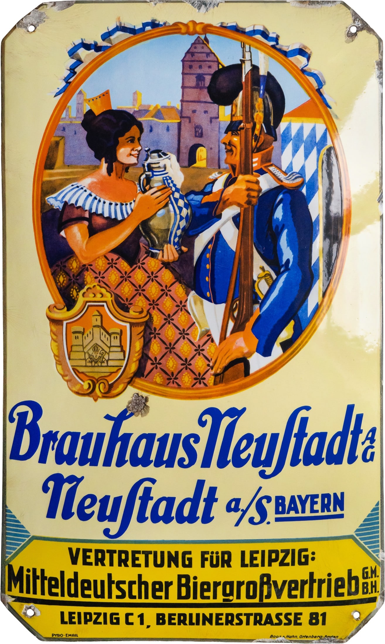 Enamel sign for the Neustadt/Saale Brewery, Leipzig branch, c. 1930 (2): Enamel sign for the Neustadt/Saale Brewery, Leipzig branch, c. 1930 (2)Enamel sign for the Neustadt/Saale Brewery, domed, with stenciled and lithographed enamel work. High-gloss, virtually scratch-fre