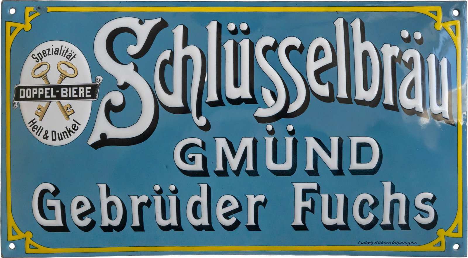 Enamel sign Schlüsselbräu Gmünd, Ludwig Kübler, sugar icing, Schwäbisch Gmünd circa 1900 (1): Enamel sign Schlüsselbräu Gmünd, Ludwig Kübler, sugar icing, Schwäbisch Gmünd circa 1900 (1)Enamel sign Schlüsselbräu, convex, the enamel lettering and Art Nouveau ornamentation are beautifull