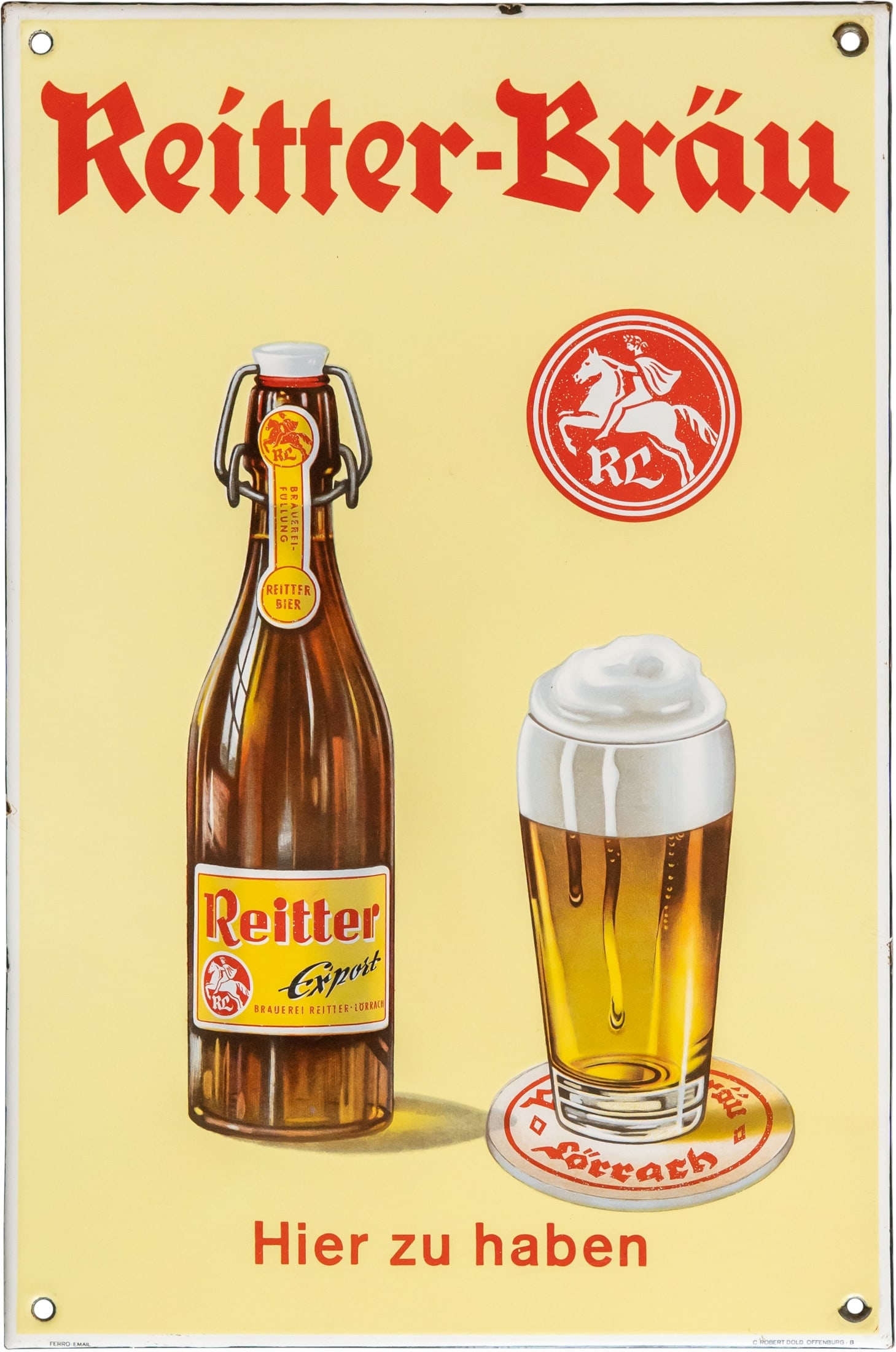 Enamel sign Reitter Bräu, Lörrach, circa 1950 (1): Enamel sign Reitter Bräu, Lörrach, circa 1950 (1)Enamel sign Reitter Brewery, flat, bevelled, stenciled and lithographed. Very good gloss and colours, which is not a given with this sign. Minimal su
