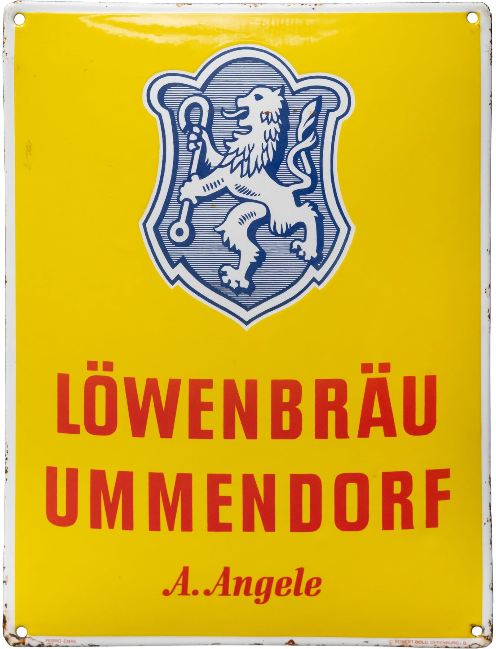 Enamel sign Löwenbräu, Ummendorf, around 1950 (1): Enamel sign Löwenbräu, Ummendorf, around 1950 (1)Enamel sign Löwenbräu Ummendorf, curved, stenciled and printed enamel. Impressive high gloss, very good colour. Surface almost scratch-free, slight