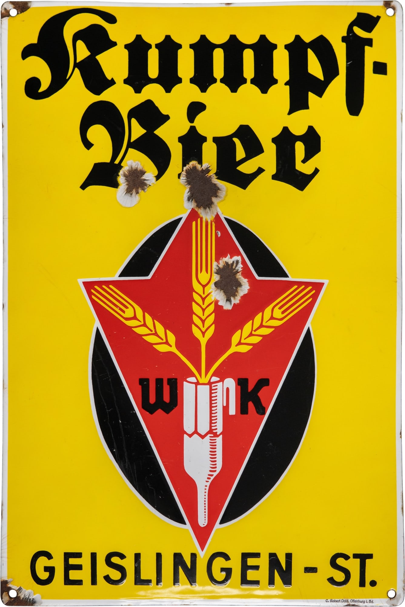 Enamel sign for Kumpf Beers, Stuttgart, Geislingen, circa 1930 (3+): Enamel sign for Kumpf Beers, Stuttgart, Geislingen, circa 1930 (3+)Enamel sign for the Kumpf Brewery, convex, stenciled enamel. A very rare sign with excellent gloss and rich colors, some superficial 