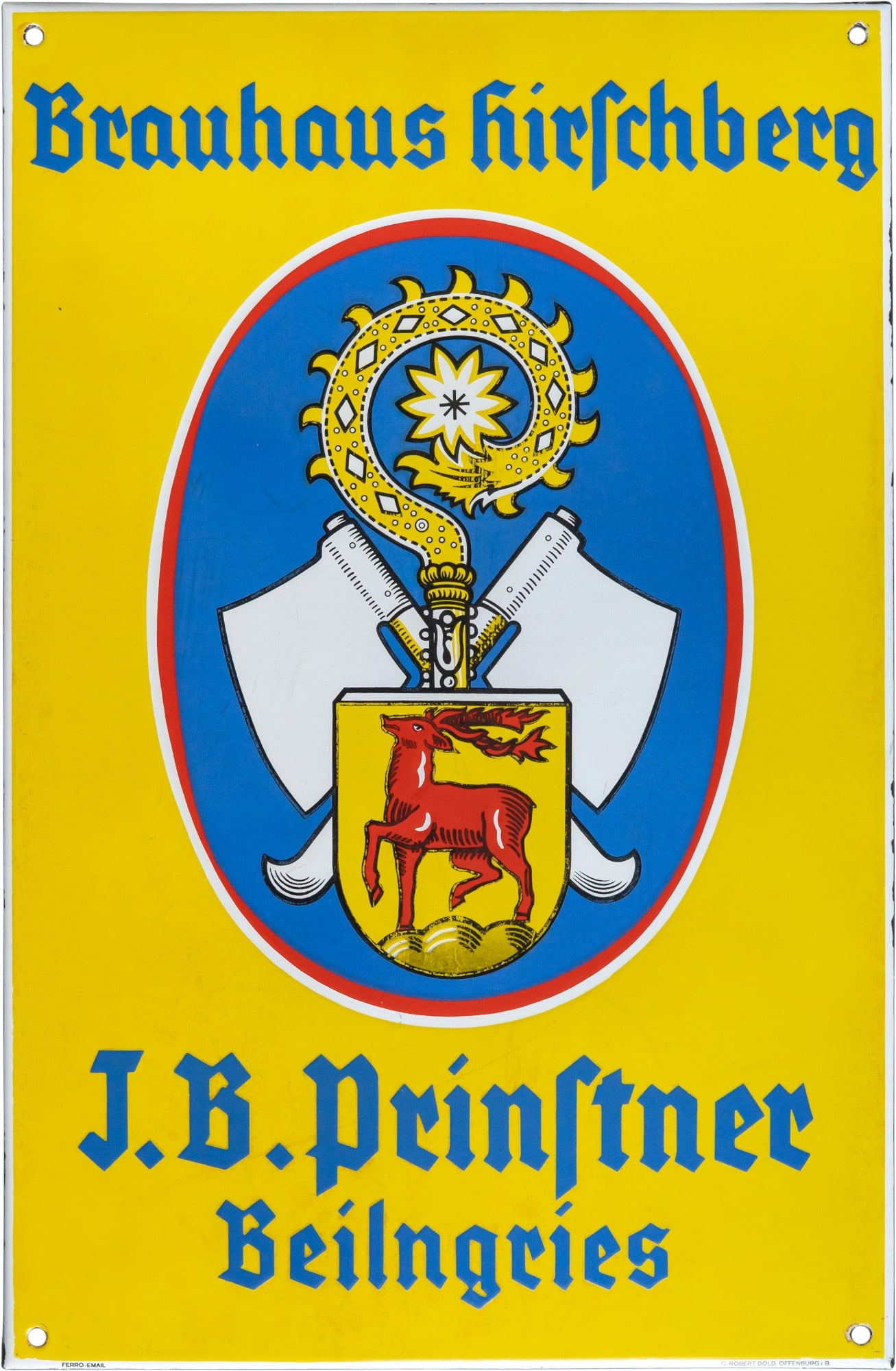 Enamel sign for the Hirschberg Brewery, Beilngries, circa 1950 (2): Enamel sign for the Hirschberg Brewery, Beilngries, circa 1950 (2)Flat enamel sign for the Hirschberg Brewery, with beveled edges. The enamel is stenciled and printed. The gloss and colors are good, w