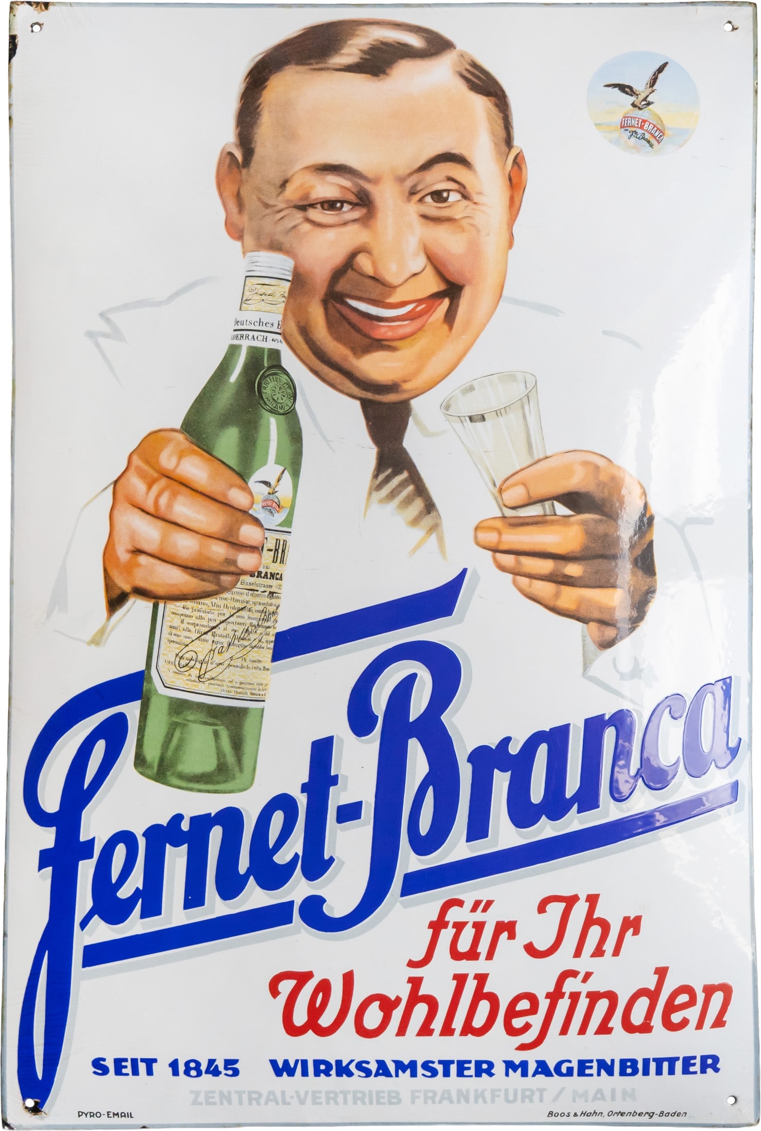 Fernet Branca enamel sign, ‘For your well-being’, Milan, c. 1920 (1-): Fernet Branca enamel sign, ‘For your well-being’, Milan, c. 1920 (1-)Fernet Branca enamel sign, strongly domed, with stenciled and lithographed enamel work. We are delighted to offer this extremel
