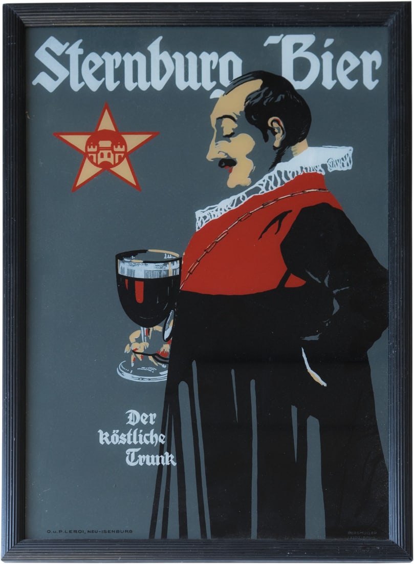 Glass sign Sternburg Beer, Karl Wilhelm Bergmüller, Leipzig, circa 1920 (1): Glass sign Sternburg Beer, Karl Wilhelm Bergmüller, Leipzig, circa 1920 (1)Reverse glass lithograph Sternburg Beer, framed. Marked lower left: by O.u.P. Leroi, Neu-Isenburg. Very fresh colours. Signe