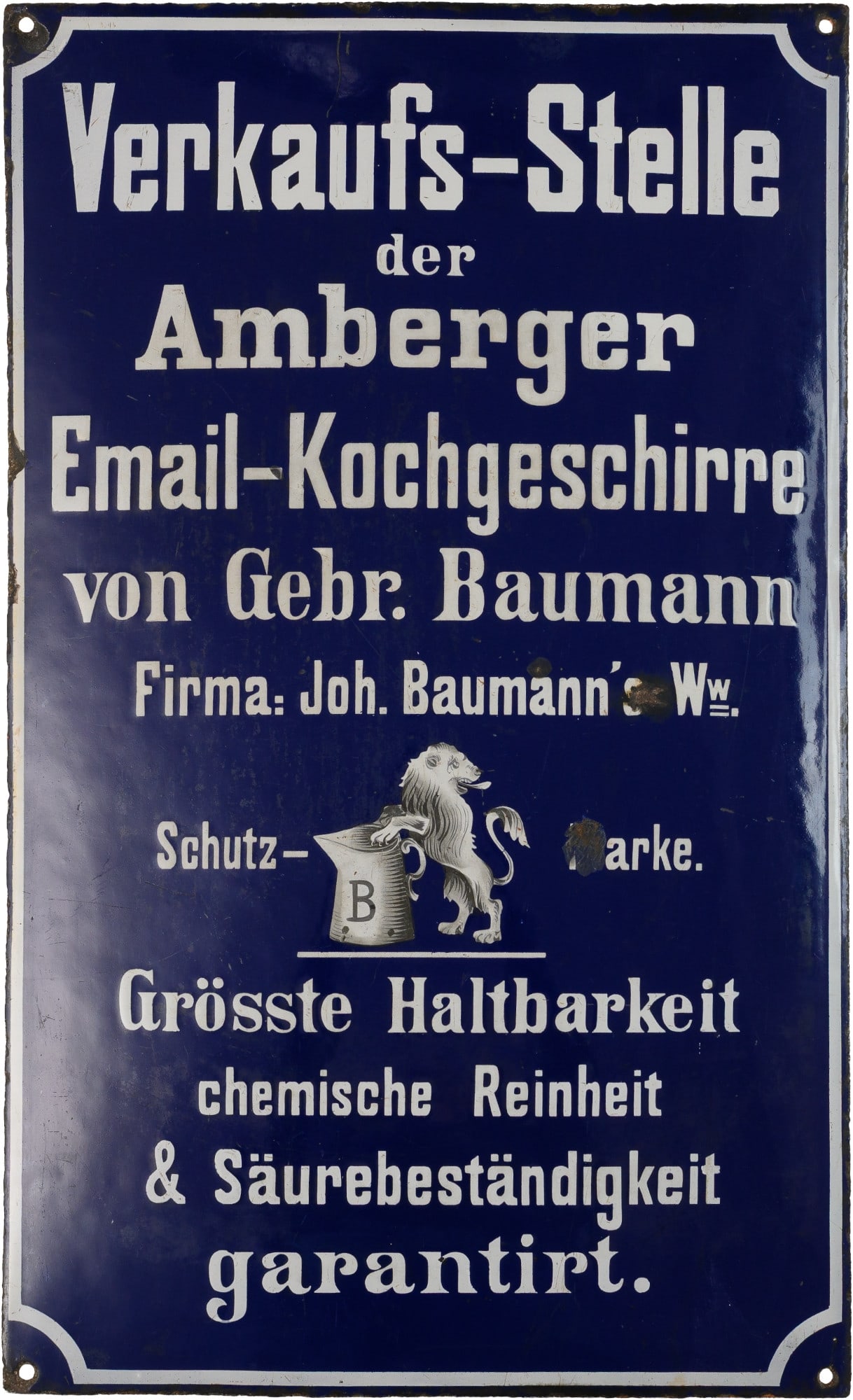 Enamel sign for the Amberger Enamel Cookware shop, Amberg, c. 1900 (2-) (1 of 7)
