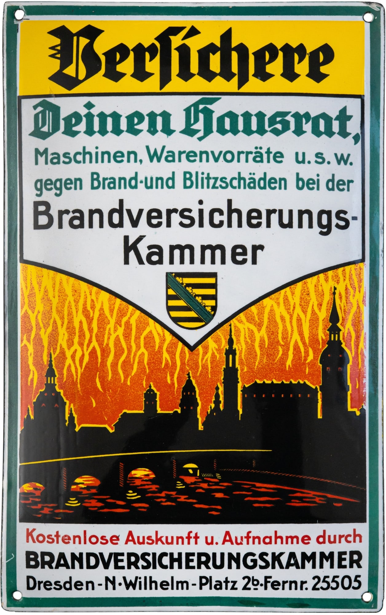 Enamel sign for the Fire Insurance Chamber, in perfect condition! Dresden, circa 1930 (1+) (1 of 7)