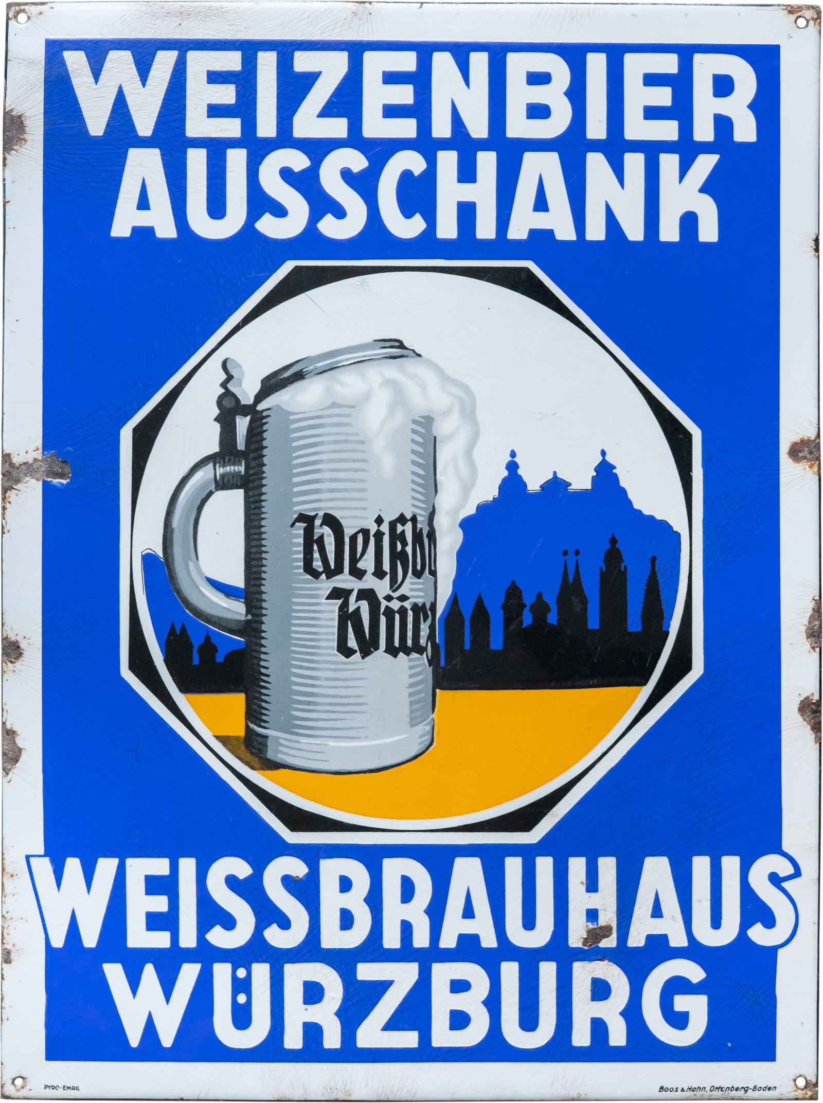 Enamel sign for wheat beer served at the Weissbrauhaus Würzburg, circa 1920 (2): Enamel sign for wheat beer served at the Weissbrauhaus Würzburg, circa 1920 (2)Extremely rare enamel sign, Weissbrauhaus Würzburg, with bevelled edges. Enamelling applied using stencils and lithogra