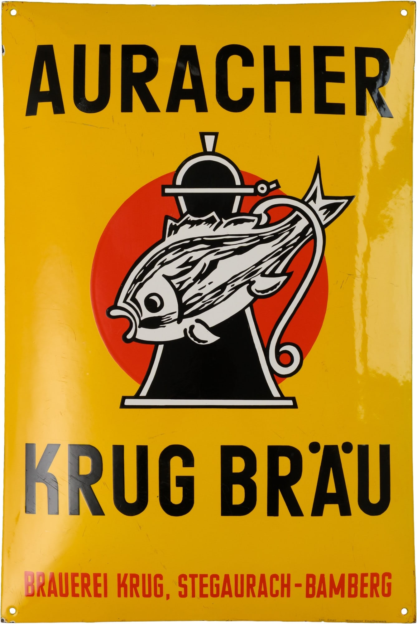 Enamel sign for Auracher Krug Bräu, Stegaurach-Bamberg, c. 1930 (2): Enamel sign for Auracher Krug Bräu, Stegaurach-Bamberg, c. 1930 (2)Enamel sign for Auracher Krug Bräu, Krug Brewery, domed, stenciled enamel work. Very attractive high gloss and perfect colours, sup