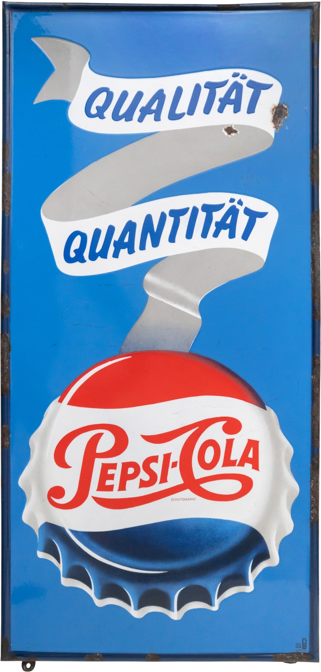 Pepsi Cola enamel sign, "Quality Quantity", circa 1950 (2-) (1 of 7)