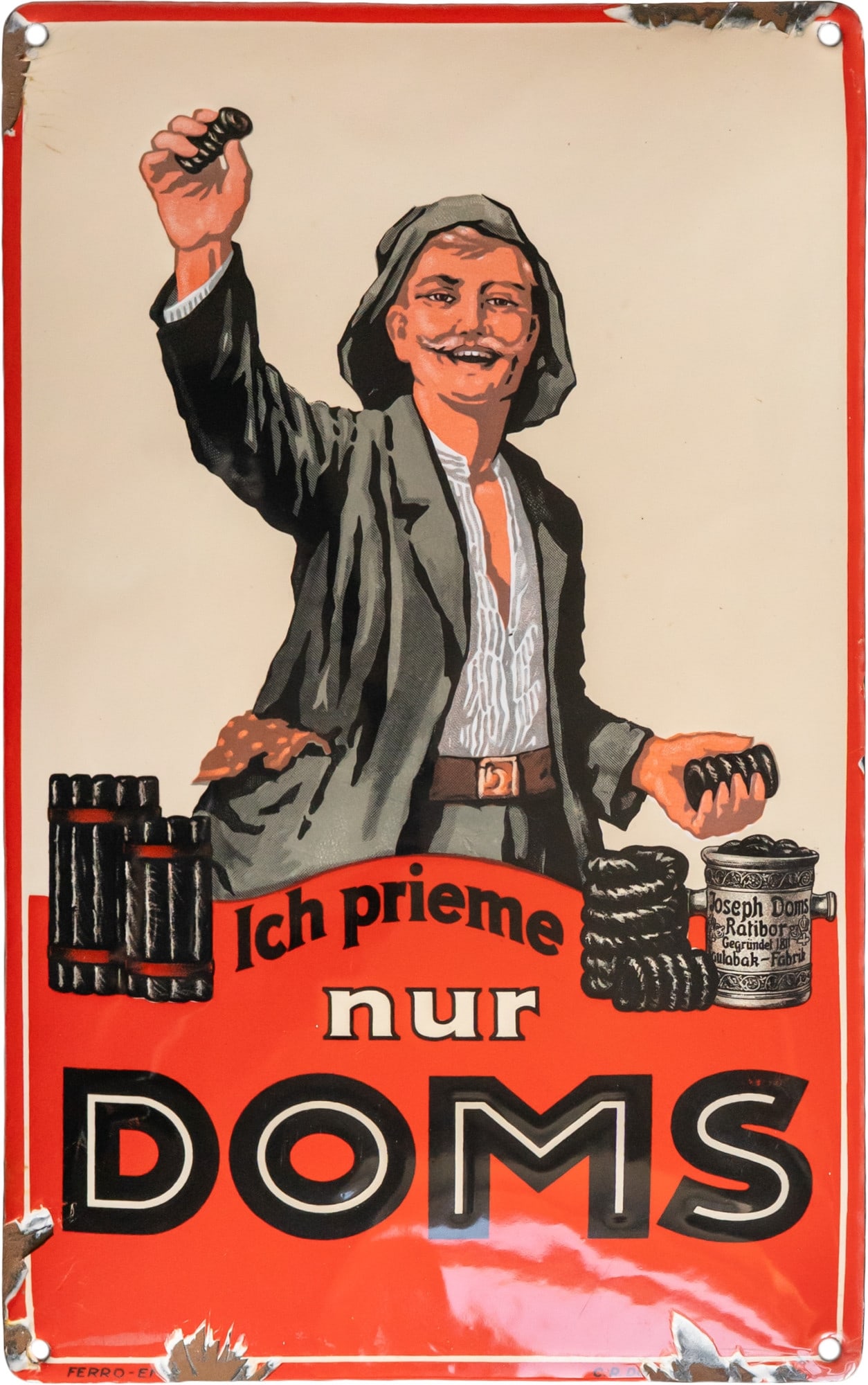 Enamel sign for Doms chewing tobacco, Ratibor, c. 1920 (1-): Enamel sign for Doms chewing tobacco, Ratibor, c. 1920 (1-)Enamel sign for Doms chewing tobacco, domed, with stenciled and lithographed enamel work. Fantastic lustre, perfect colours, surface virtuall