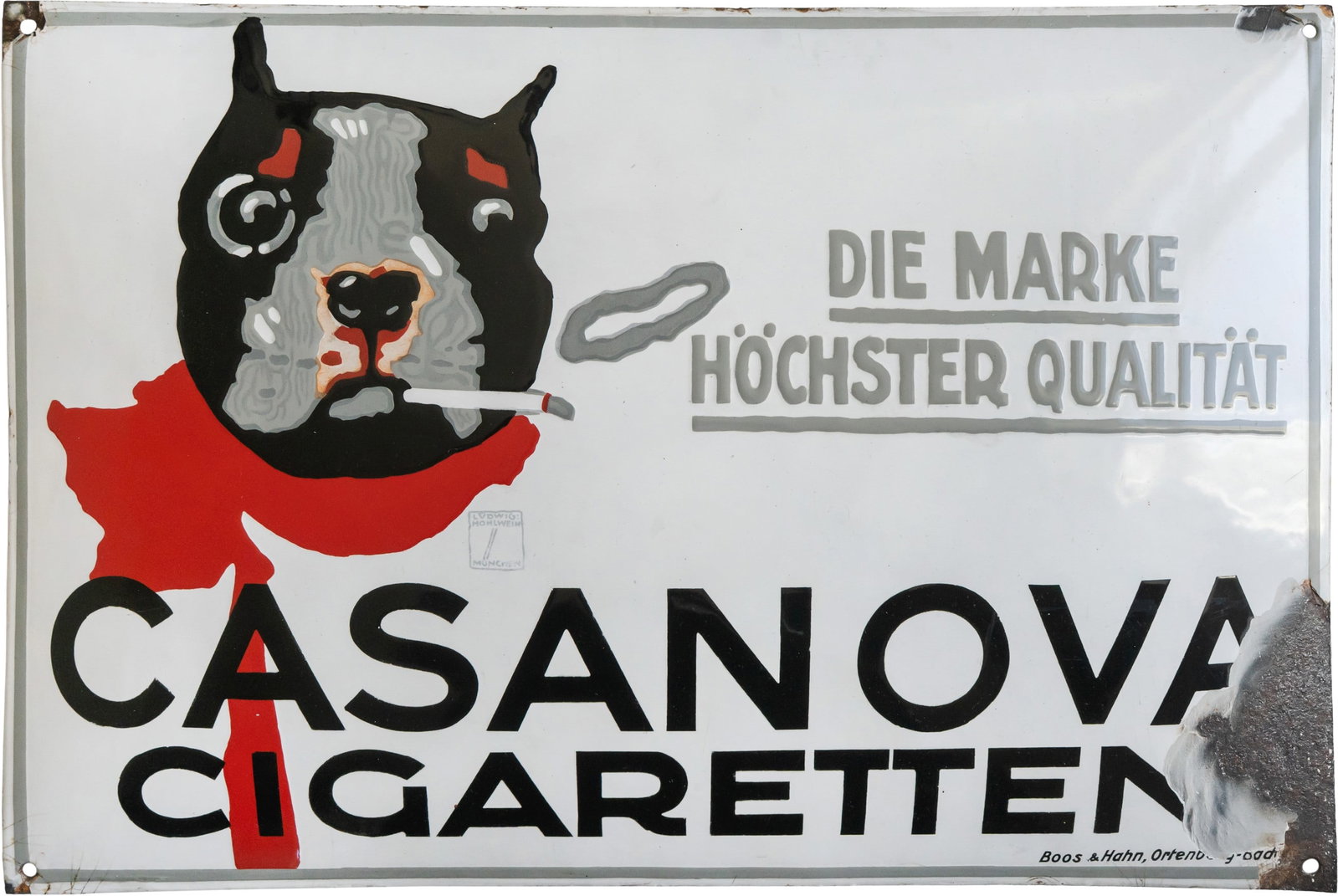 Enamel sign for Casanova Cigarettes, designed by Ludwig Hohlwein, Dresden, c. 1920 (2): Enamel sign for Casanova Cigarettes, designed by Ludwig Hohlwein, Dresden, c. 1920 (2)Casanova Cigarettes enamel sign, domed, with stenciled and lithographed enamel work. The sign is incredibly beauti