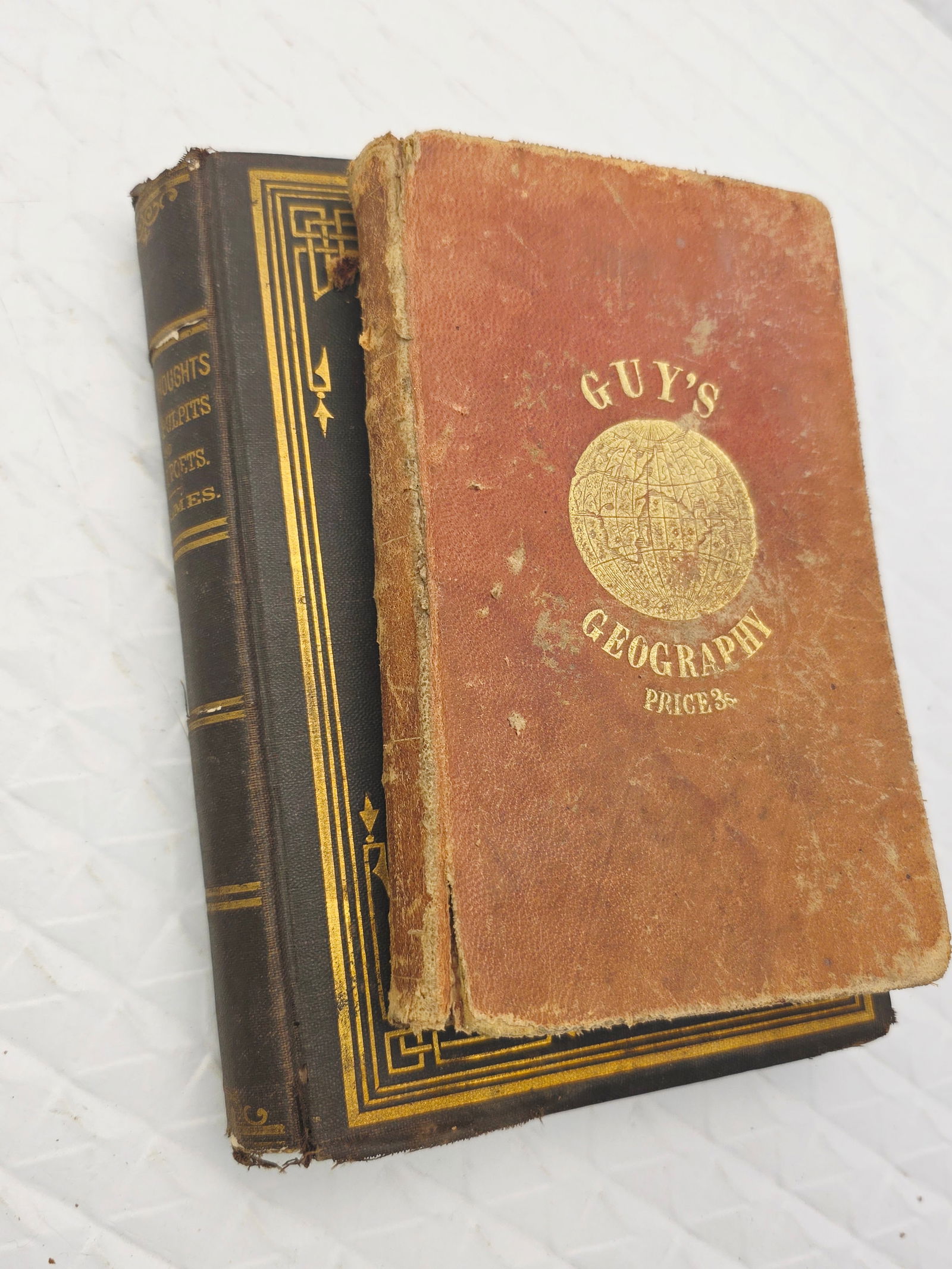 two antique books, including 1858 Guys Geography: both books have some condition issues, consistent with age, please check photosWhile we strive to note any damage, repairs, or restorations, please note that not all wear may be mentioned. All items a