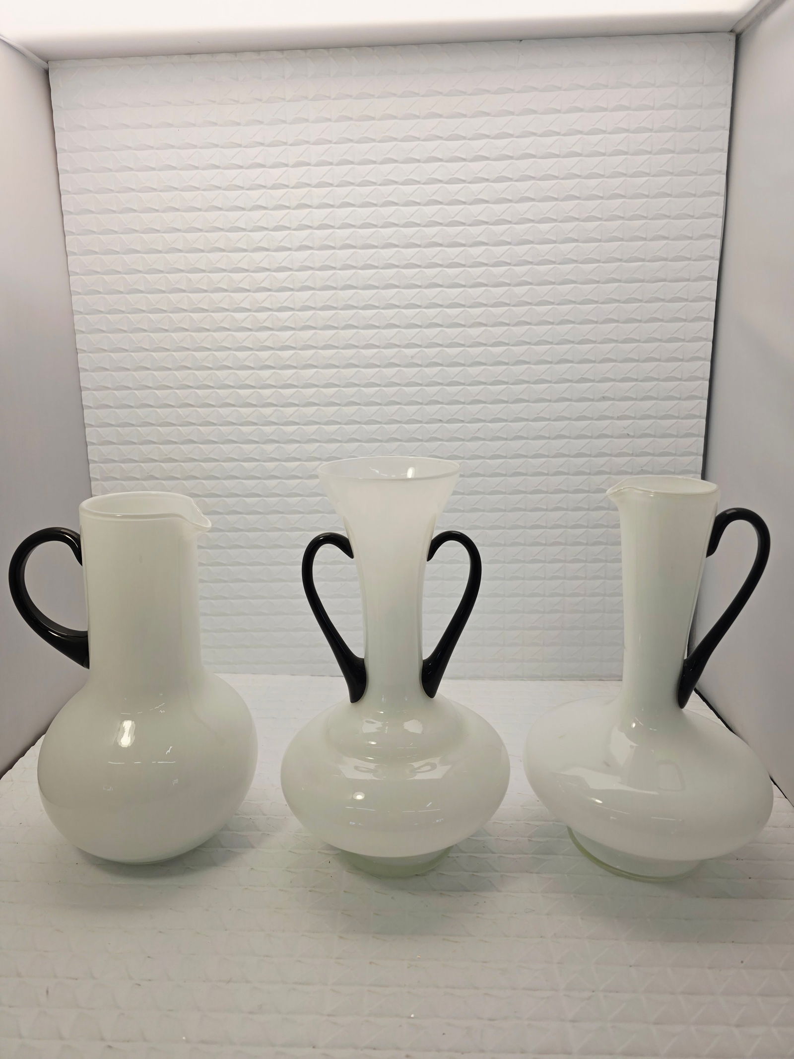 1920s Art Deco Czech White and Black Glass Vases, 3: Trio of 1920s Art Deco Czech White and Black Glass Vases, no issues noticed While we strive to note any damage, repairs, or restorations, please note that not all wear may be mentioned. All items are