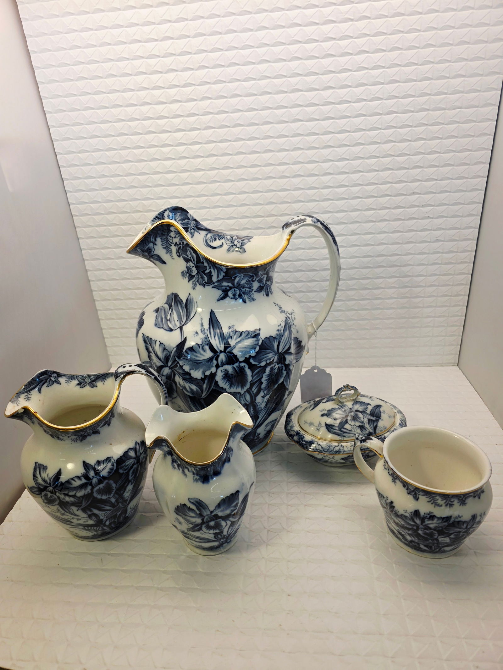 Rare Royal Wedgwood flow blue six piece semi-porcelain set with large wash bowl, pitcher, Cattleyae (1 of 17)