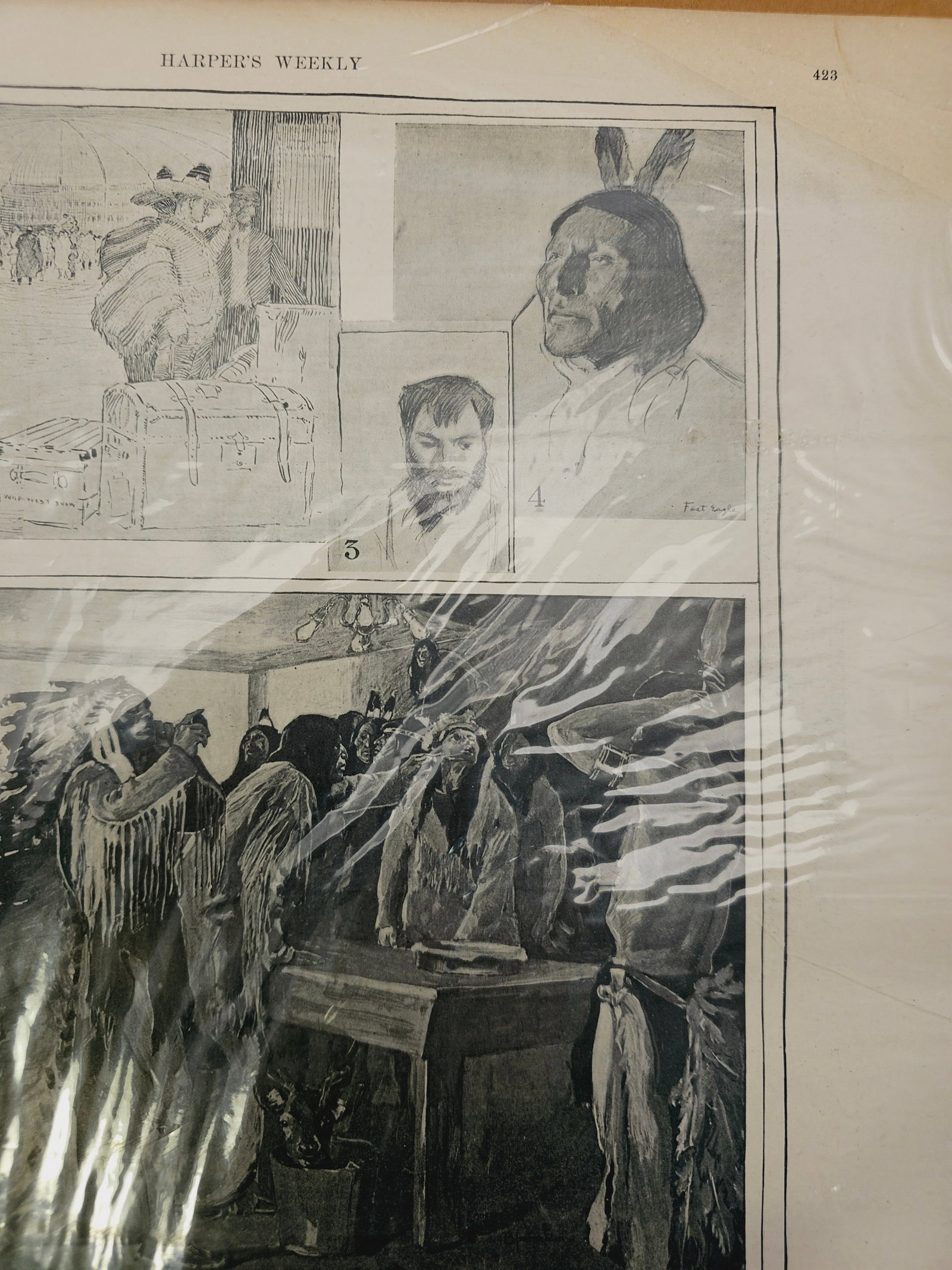 A Page from Harpers Weekly: 1898 issue, It features a series of illustrations titled"Behind the Scenes at the Wild West Show, created by the artist Ernest L. Blumenschein.Blumenschein was a famous American painter and illustrato