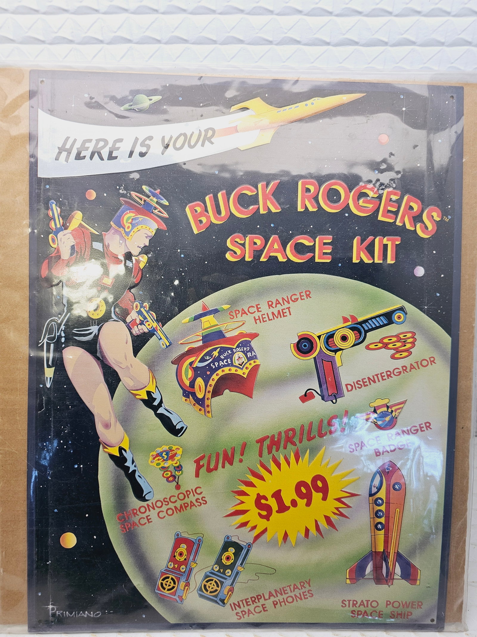 Vintage embossed metal sign advertising a Buck Rogers Space Kit: vintage-style embossed metal sign advertising a Buck Rogers Space Kit for $1.99.Product Details: The sign features various items from the kit, including a Space Ranger Helmet, Disintegrator, Space Ran