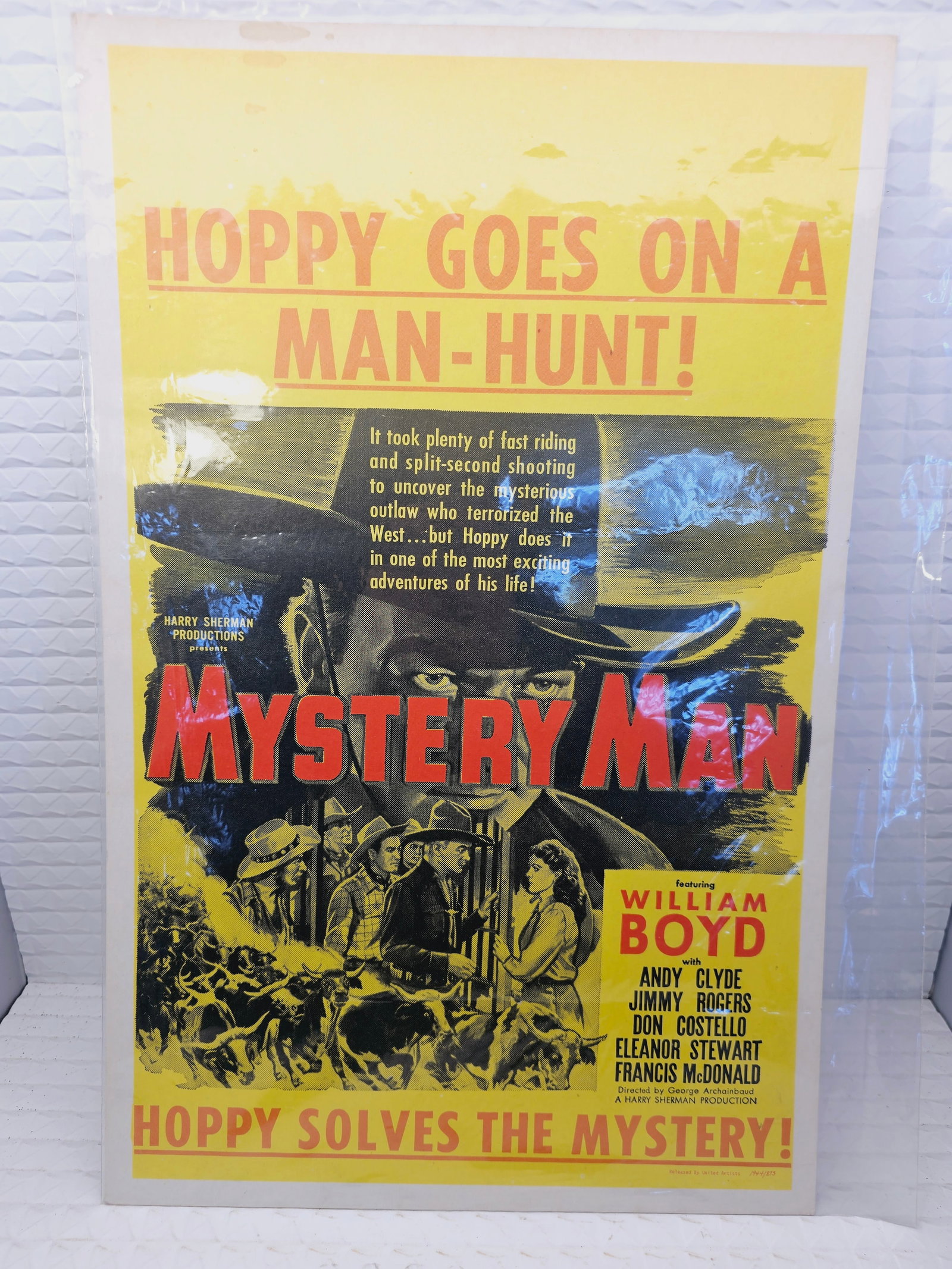 vintage one-sheet poster for the 1944 Western film Mystery Man: vintage one-sheet poster for the 1944 Western film Mystery Man starring William Boyd.Film Details: Mystery Man is a Hopalong Cassidy film directed by George Archainbaud, featuring actors Andy Clyde, J