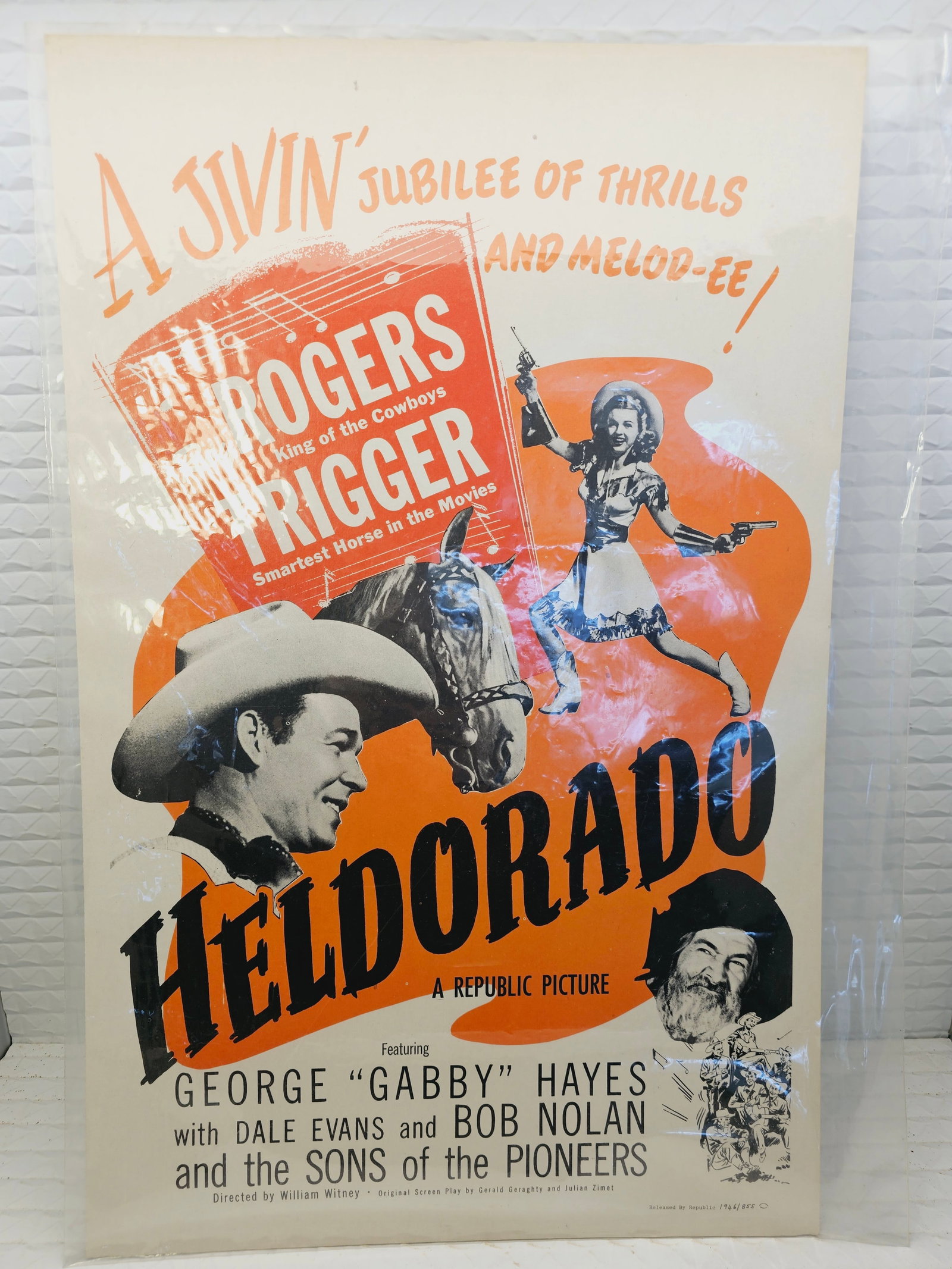 vintage poster for the 1946 Western film Heldorado: vintage poster for the 1946 Western film Heldorado featuring Roy Rogers, Dale Evans, Trigger, and George "Gabby" Hayes.Film Details: Heldorado (sometimes spelled Helldorado) was produced by Republic P