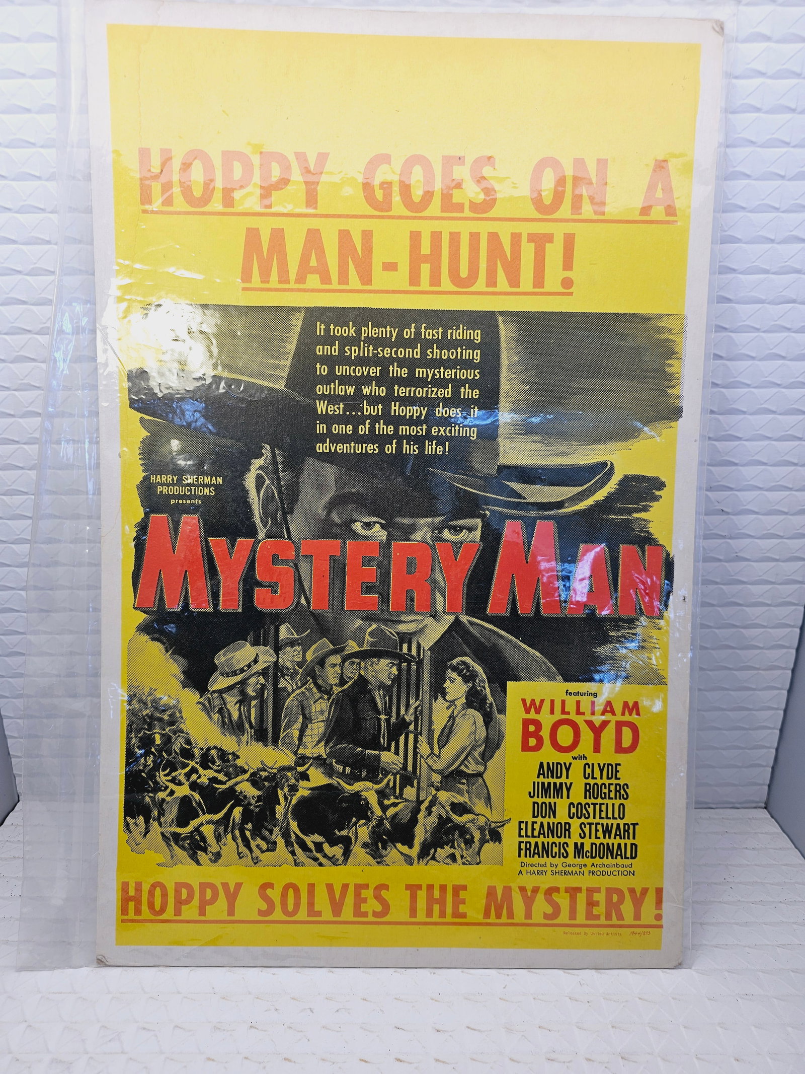 vintage one-sheet movie poster for the 1944 Western film Mystery Man featuring William Boyd (1 of 6)