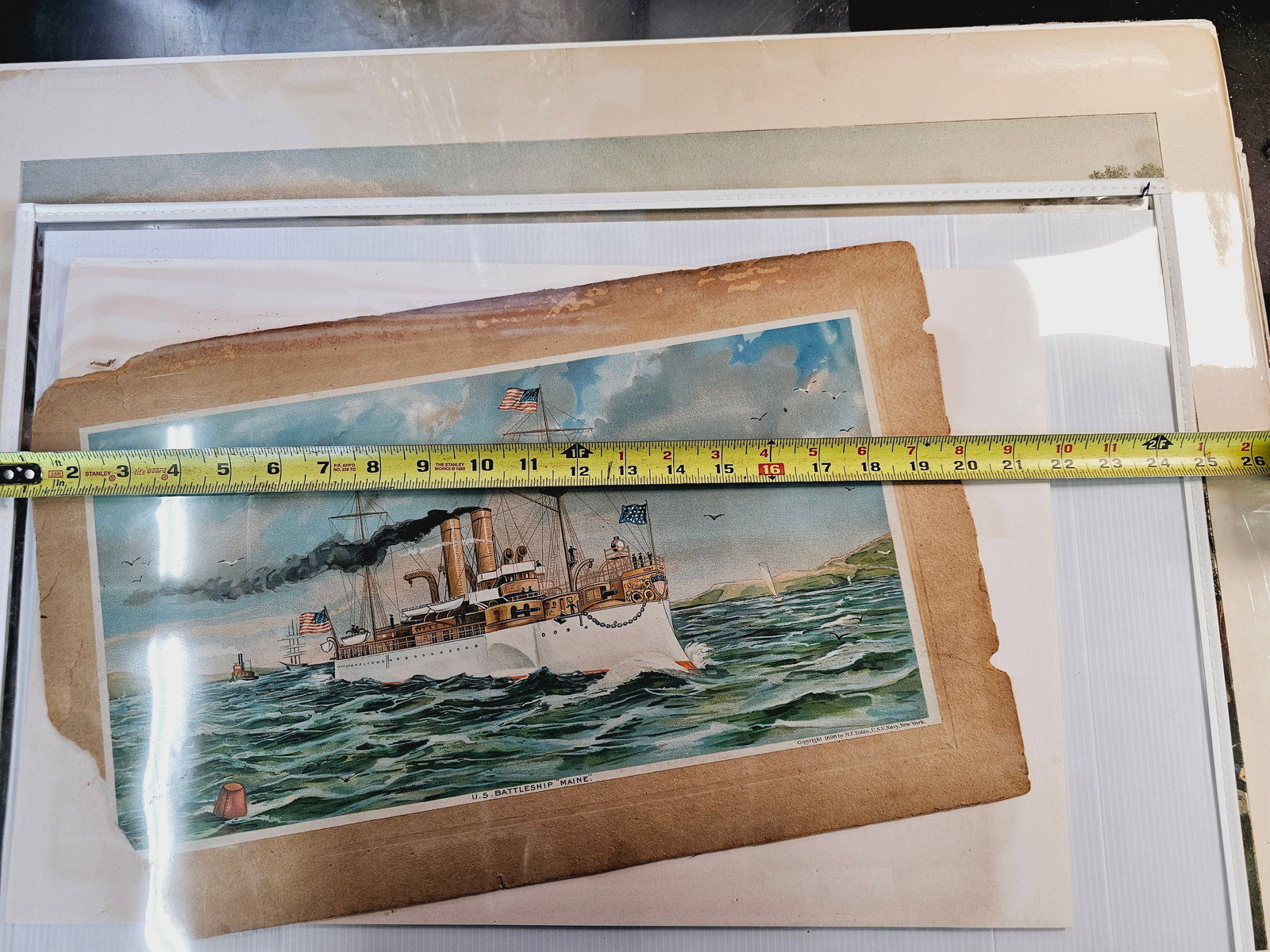 1898 lithograph of the US Battleship "Maine": This is a 1898 lithograph of the US Battleship "Maine" by F. Fetherston, published by M.F. Tobin.Artist and Publisher: The artwork was created by F. Fetherston and copyrighted in 1898 by M.F. Tobin of