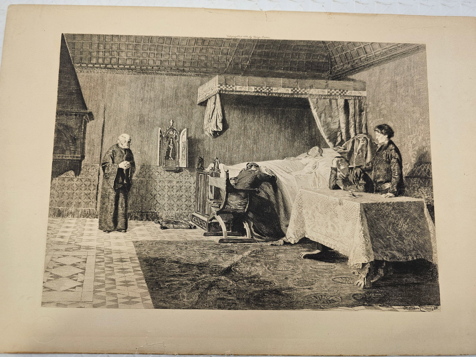 vintage etching "Death Chamber of Dante" by Otto Friedrich: etching is titled "Death Chamber of Dante" by Otto Friedrich.Artist: Otto Friedrich (1862?1937), an Austrian painter and graphic artist.Subject: The artwork depicts a scene related to the death of the