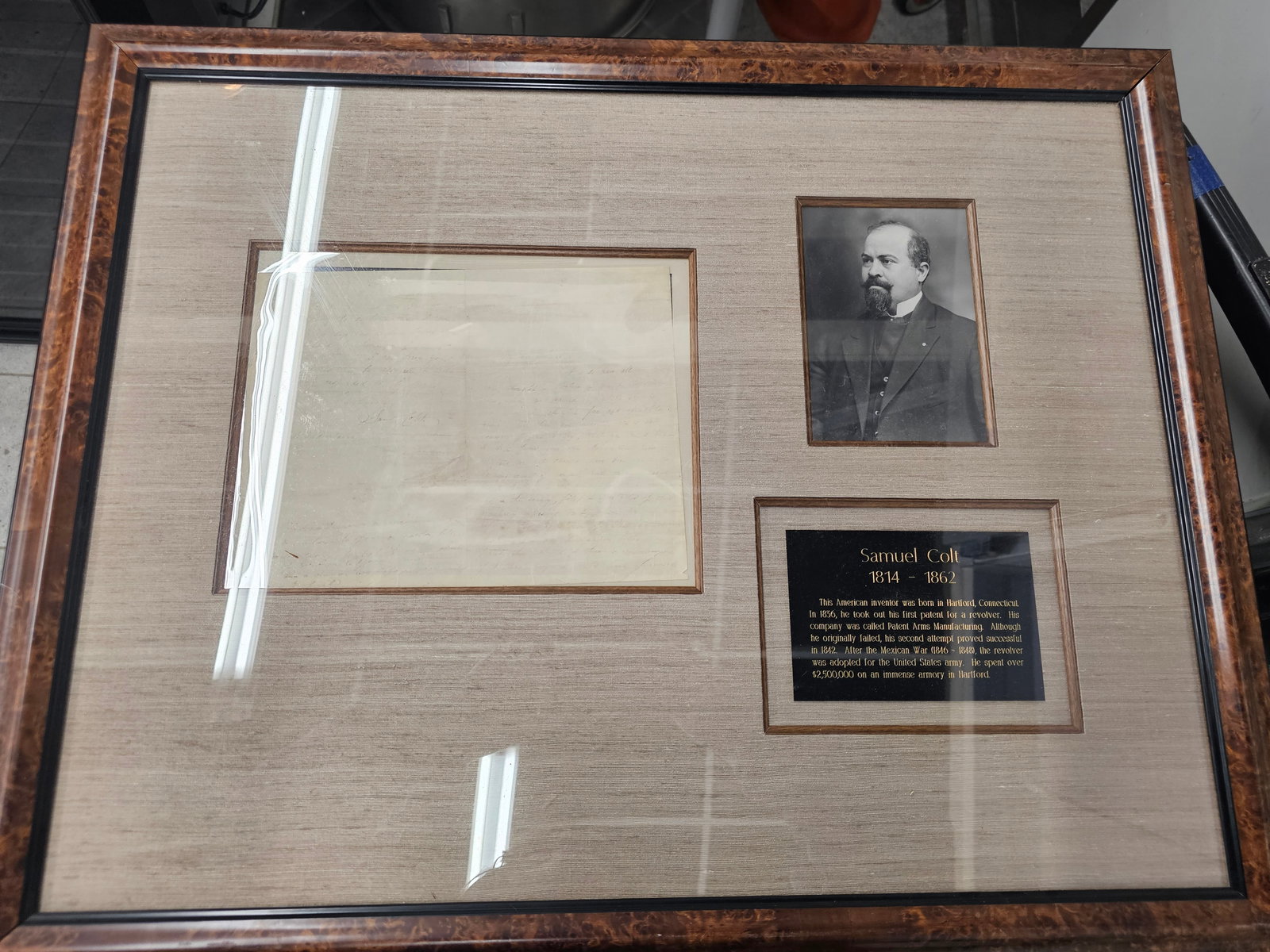 framed Samuel Colt photo with his personal authentic letter and signature: framed memorabilia display honors Samuel Colt (1814?1862) with his personal authentic letter and signature, the American inventor and industrialist who revolutionized firearm manufacturing.Portrait: T