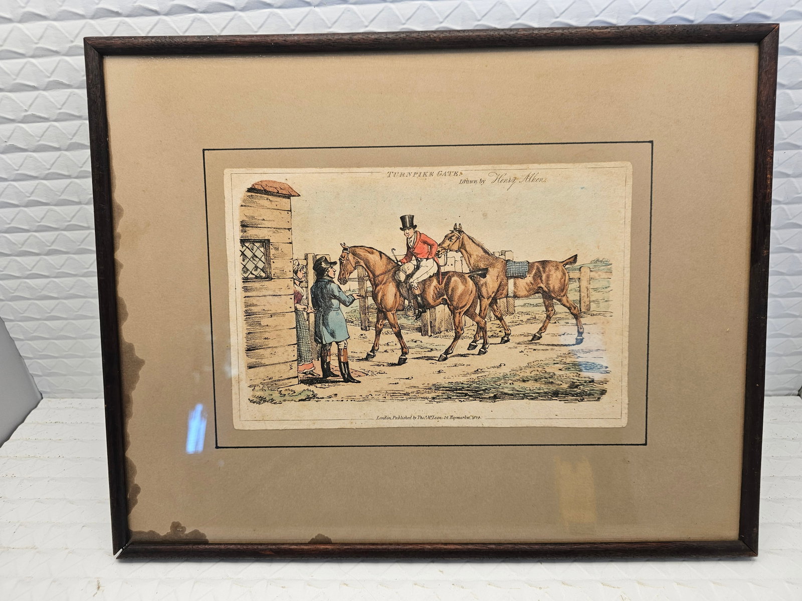 framed antique hand-colored aquatint print titled Turnpike Gate (1 of 7)