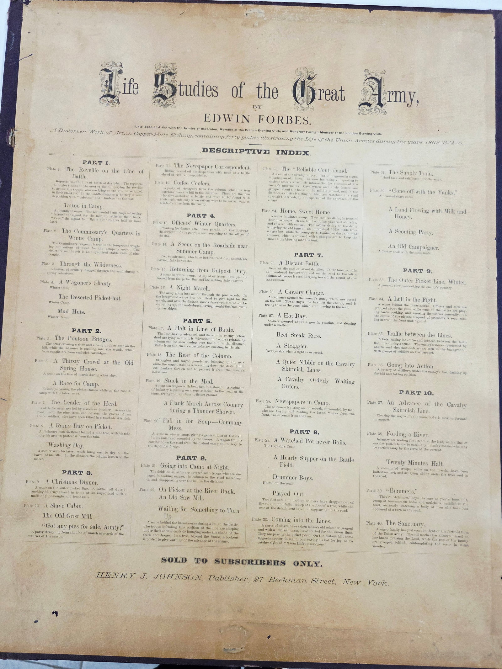 This listing is for the Index and the covers only, all plates listed separately: This listing is for the Index and the covers only, all plates listed separately. From "Life Studies of the Great Army," a portfolio of 40 copperplate etchings by Edwin Forbes, published in 1876 by Hen