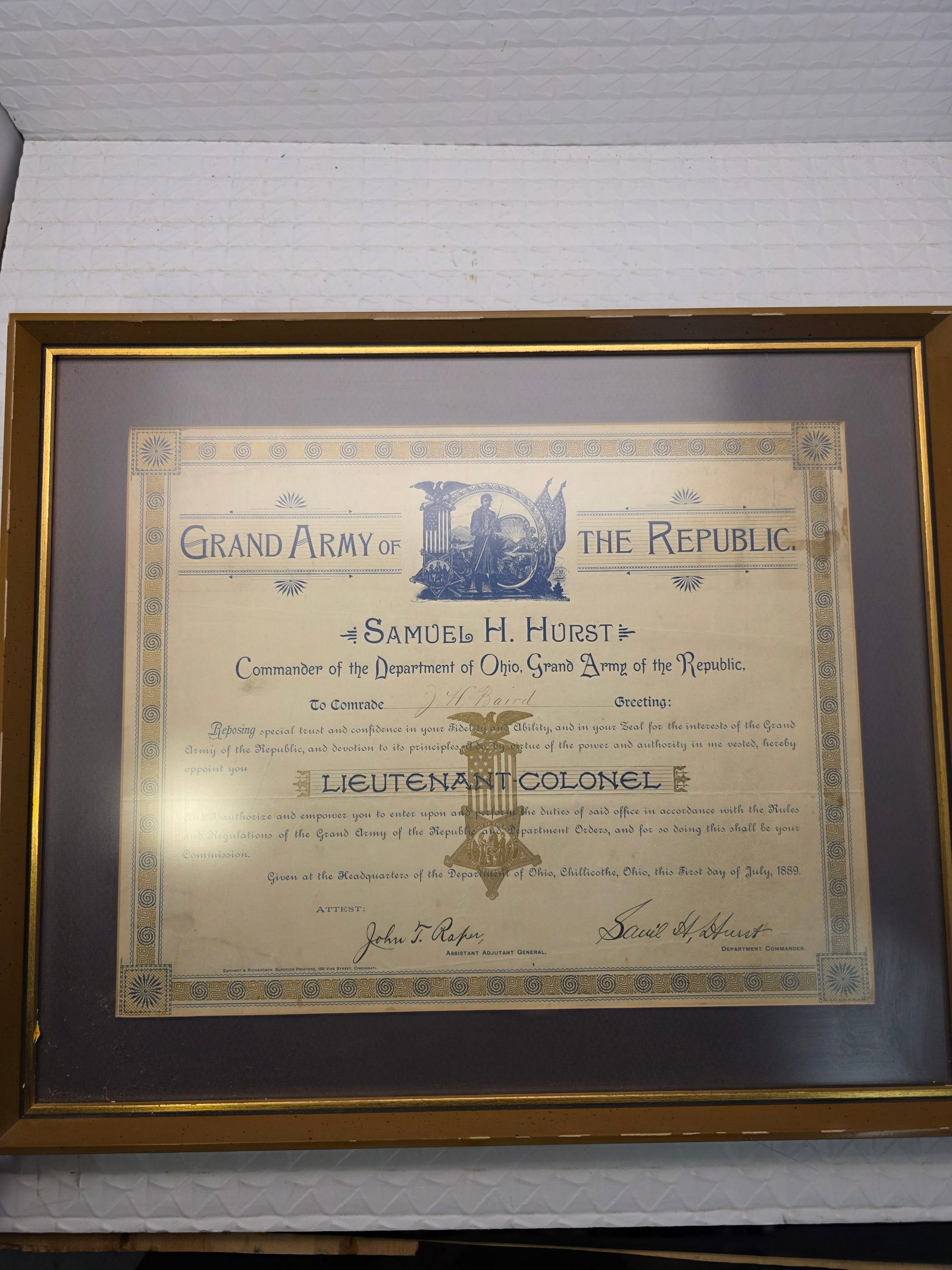 Original framed membership certificate for Samuel H. Hurst from the Grand Army of the Republic (1 of 7)