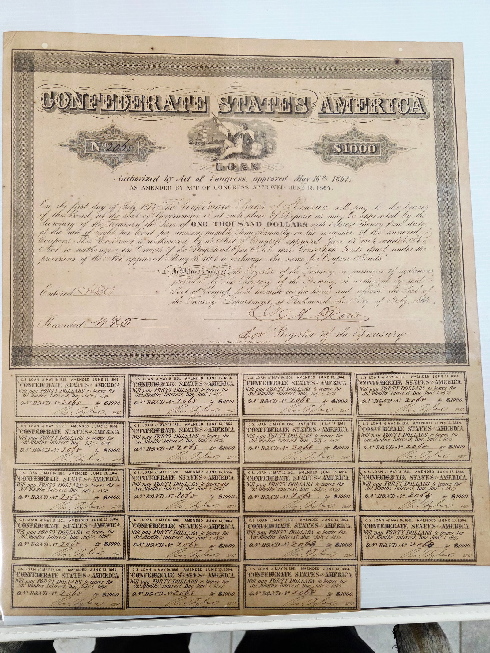 $1000 Confederate States of America war bond (1 of 5)