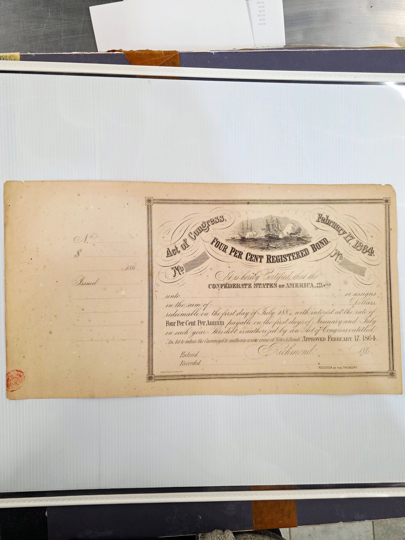 1864, Confederate States of America "Four Per Cent Registered Bond" (1 of 5)