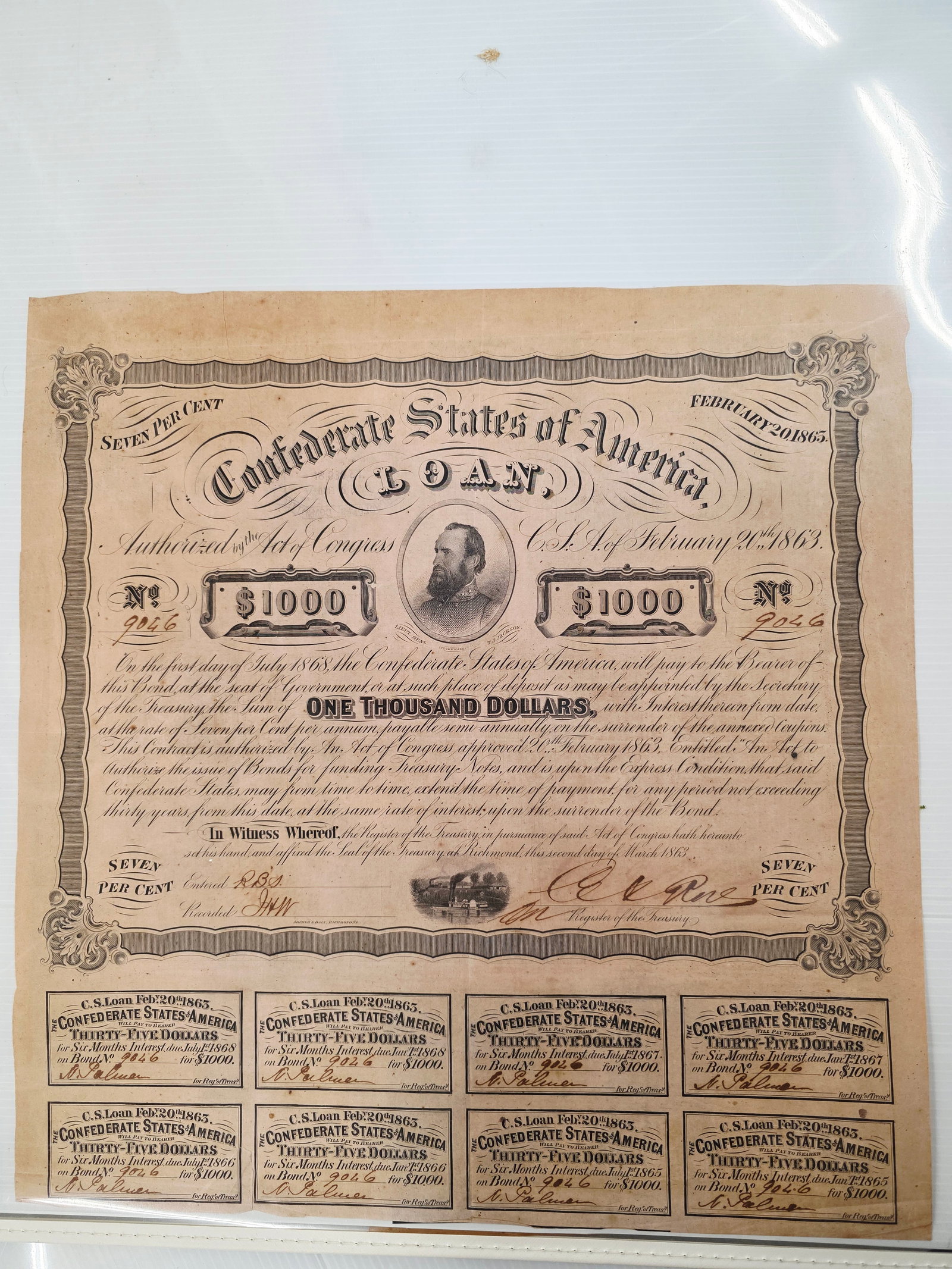 Confederate States of America $1,000 Loan Bond authorized by an Act of Congress on February 20,: Confederate States of America $1,000 Loan Bond authorized by an Act of Congress on February 20, 1863.Financial Instrument: These were bonds issued by the Confederacy to raise funds during the Civil Wa