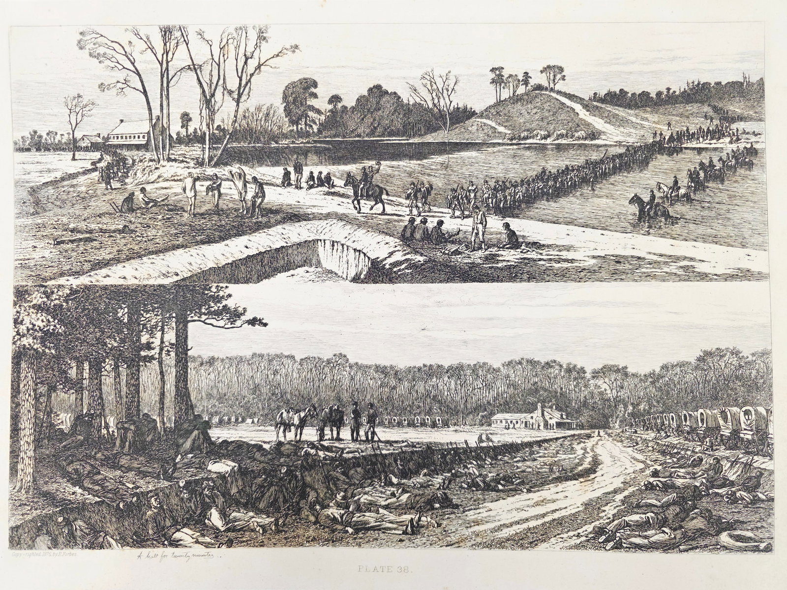 Original copper plate etching by artist Edwin Forbes SIGNED IN PENCIL BY ARTIST no.38: Original copper plate etching by artist Edwin Forbes SIGNED IN PENCIL BY ARTIST From "Life Studies of the Great Army," a portfolio of 40 copperplate etchings by Edwin Forbes, published in 1876 by Henr