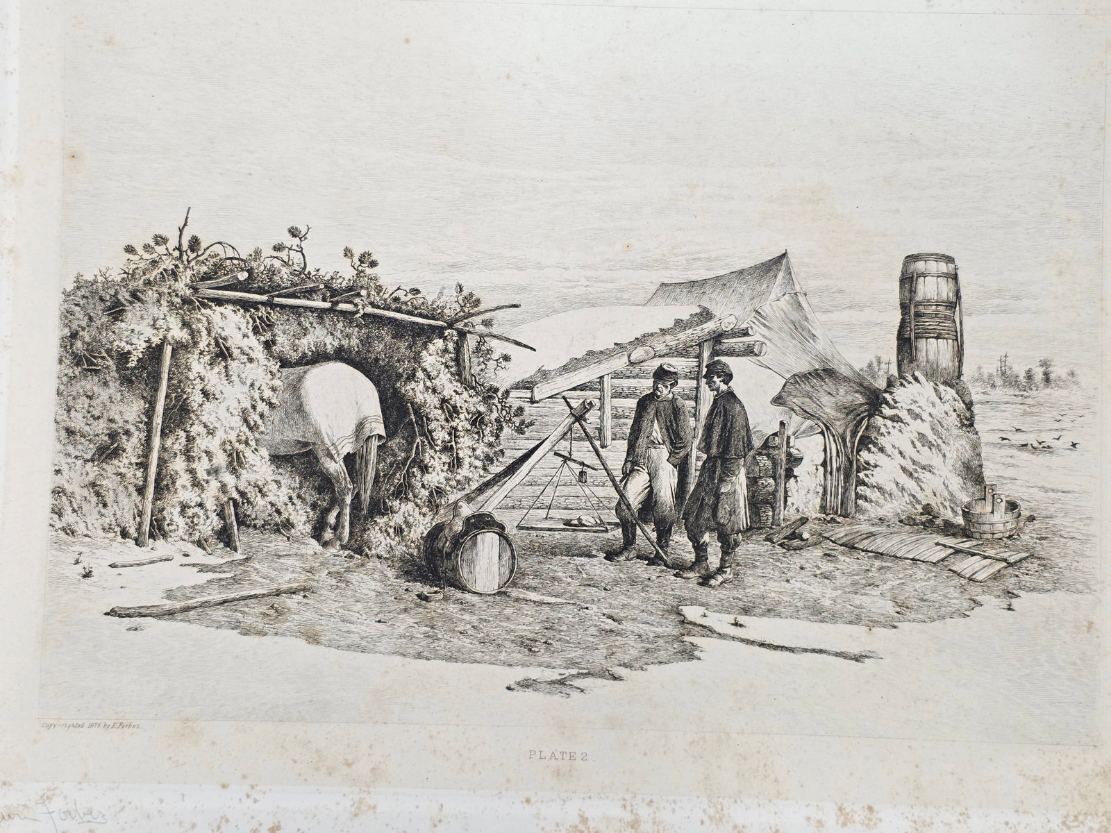 Original copper plate etching by artist Edwin Forbes SIGNED IN PENCIL BY ARTIST no.2: Original copper plate etching by artist Edwin Forbes SIGNED IN PENCIL BY ARTIST From "Life Studies of the Great Army," a portfolio of 40 copperplate etchings by Edwin Forbes, published in 1876 by Henr